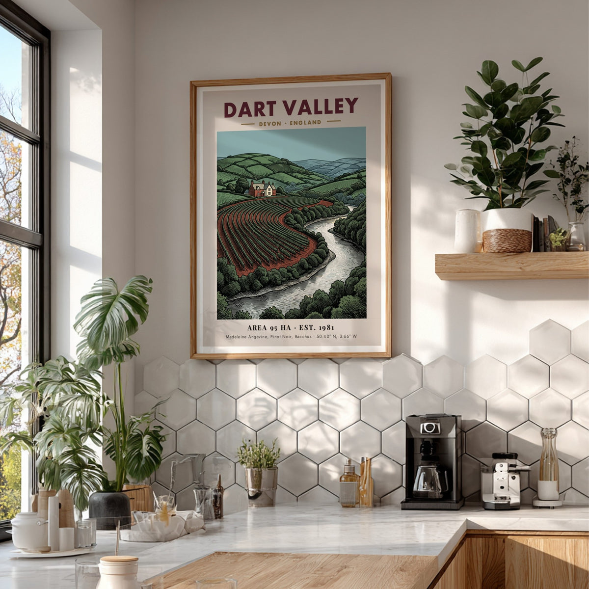 Poster featuring the rolling hills, vineyard rows, and river of Dart Valley England.