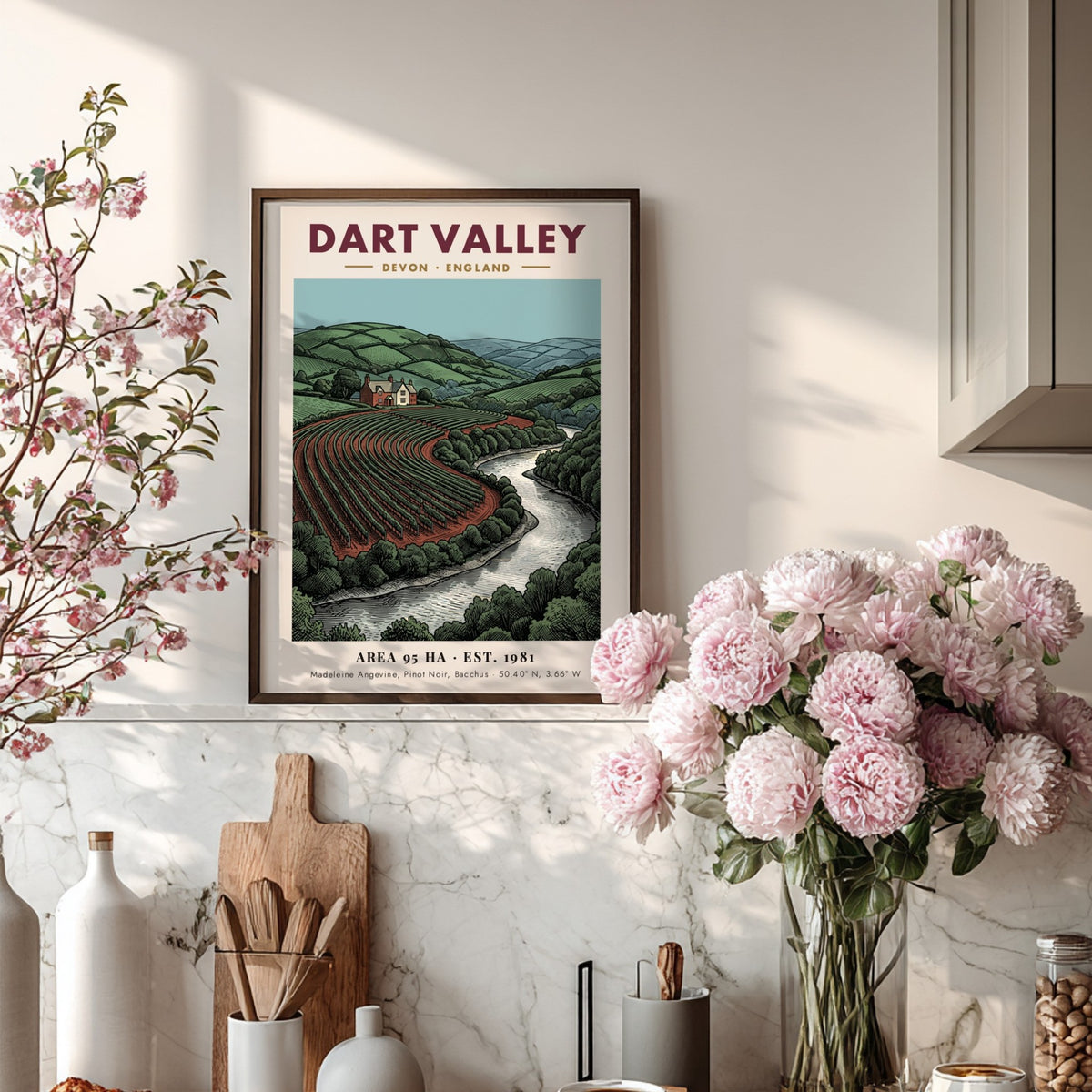 Poster featuring the rolling hills, vineyard rows, and river of Dart Valley England.