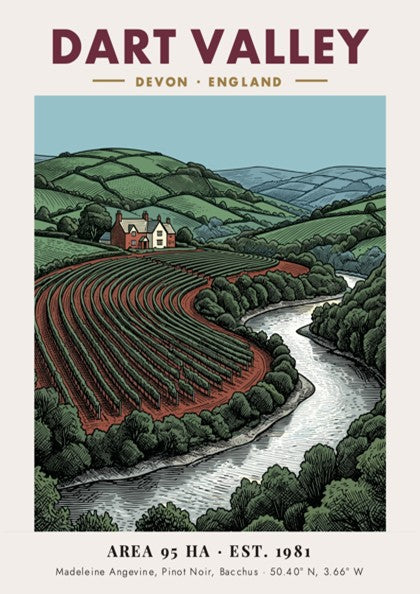 Poster featuring the rolling hills, vineyard rows, and river of Dart Valley England.