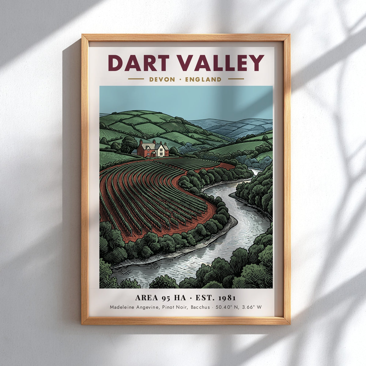 Poster featuring the rolling hills, vineyard rows, and river of Dart Valley England.