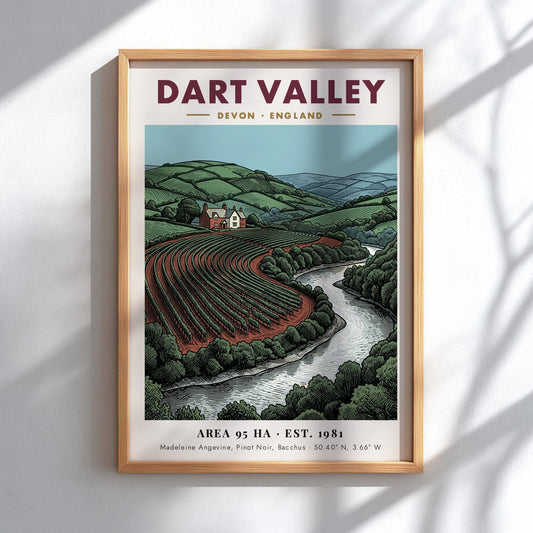 Poster featuring the rolling hills, vineyard rows, and river of Dart Valley England.