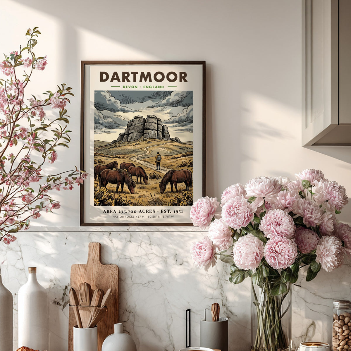 Poster of Dartmoor National Park in Devon England featuring granite rocks and ponies.