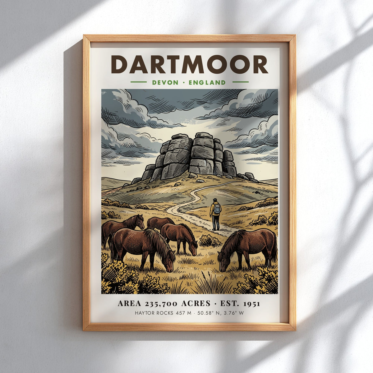 Poster of Dartmoor National Park in Devon England featuring granite rocks and ponies.