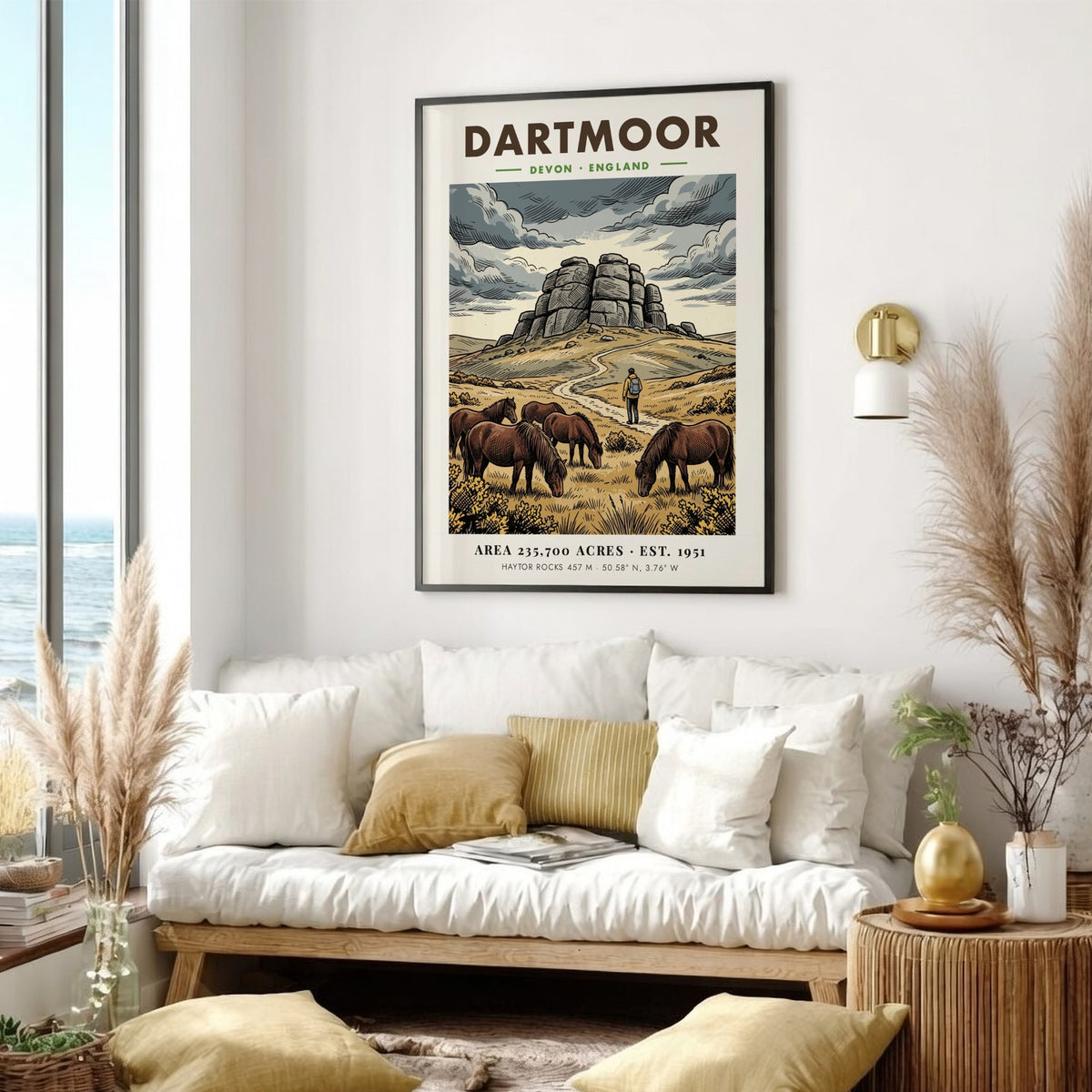 Poster of Dartmoor National Park in Devon England featuring granite rocks and ponies.
