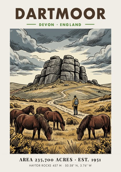 Poster of Dartmoor National Park in Devon England featuring granite rocks and ponies.