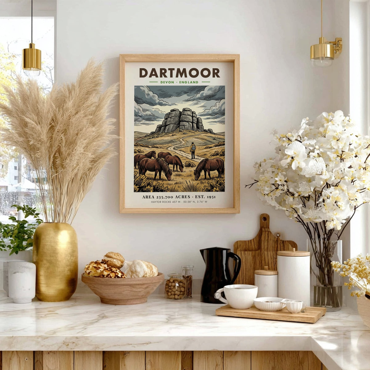Poster of Dartmoor National Park in Devon England featuring granite rocks and ponies.