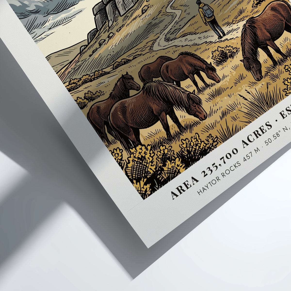 Poster of Dartmoor National Park in Devon England featuring granite rocks and ponies.