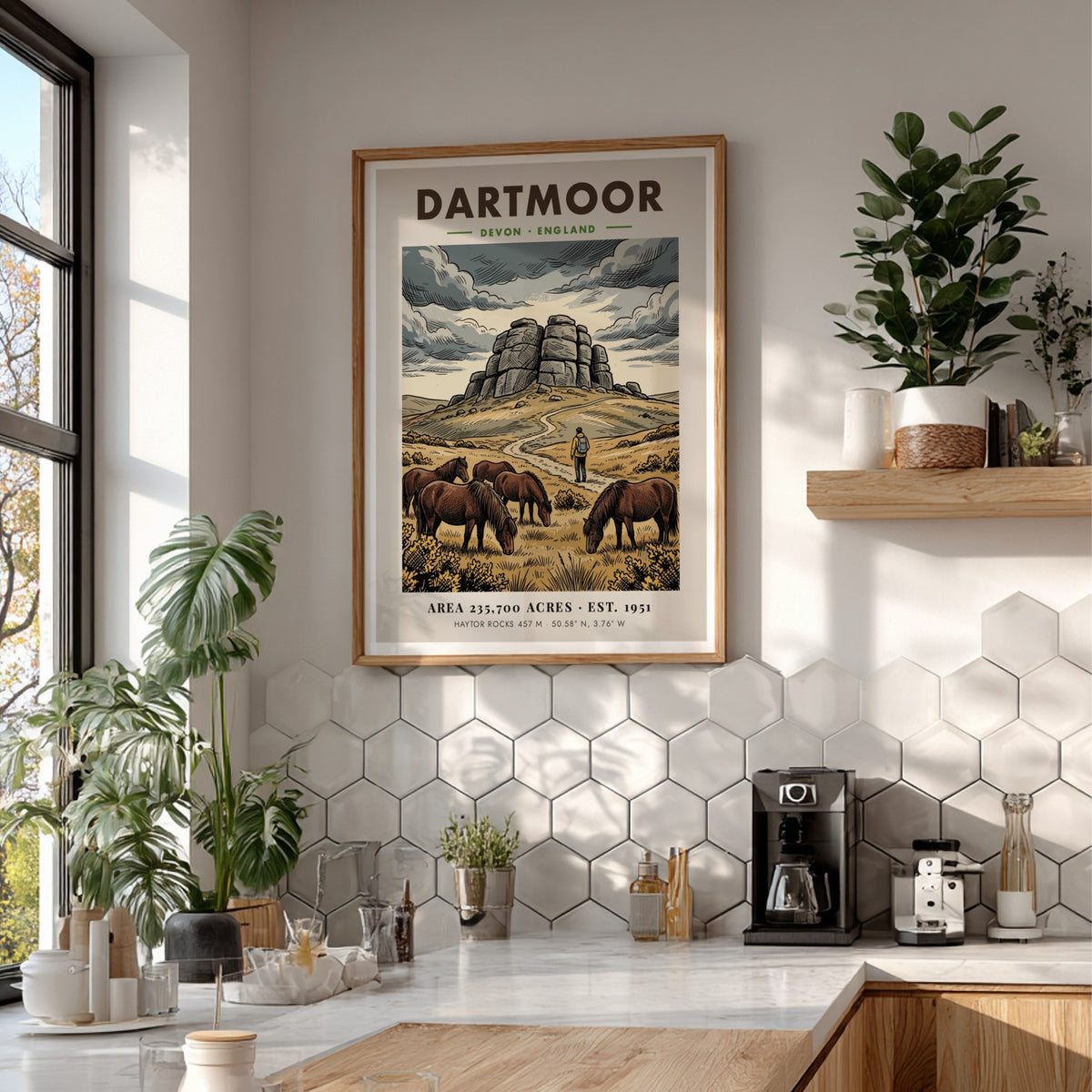 Poster of Dartmoor National Park in Devon England featuring granite rocks and ponies.