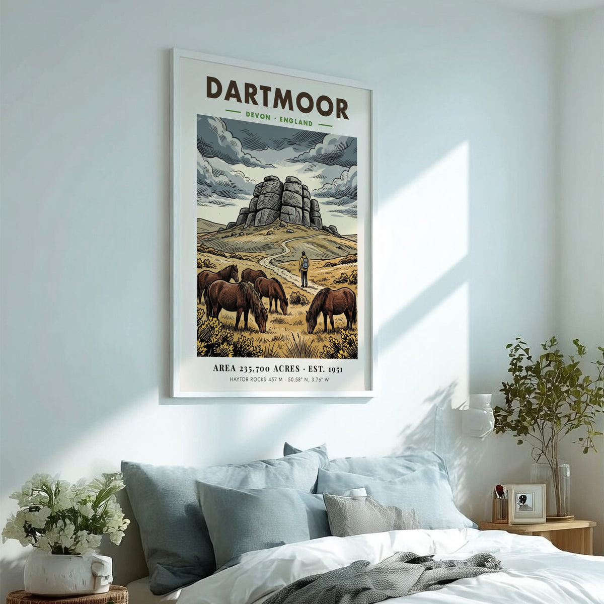 Poster of Dartmoor National Park in Devon England featuring granite rocks and ponies.