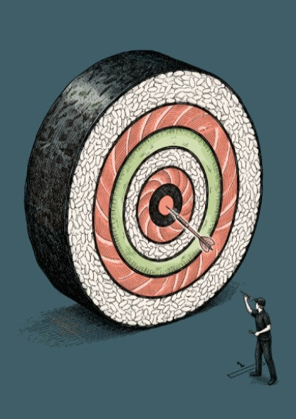 Poster featuring a giant sushi roll target with a person throwing a dart