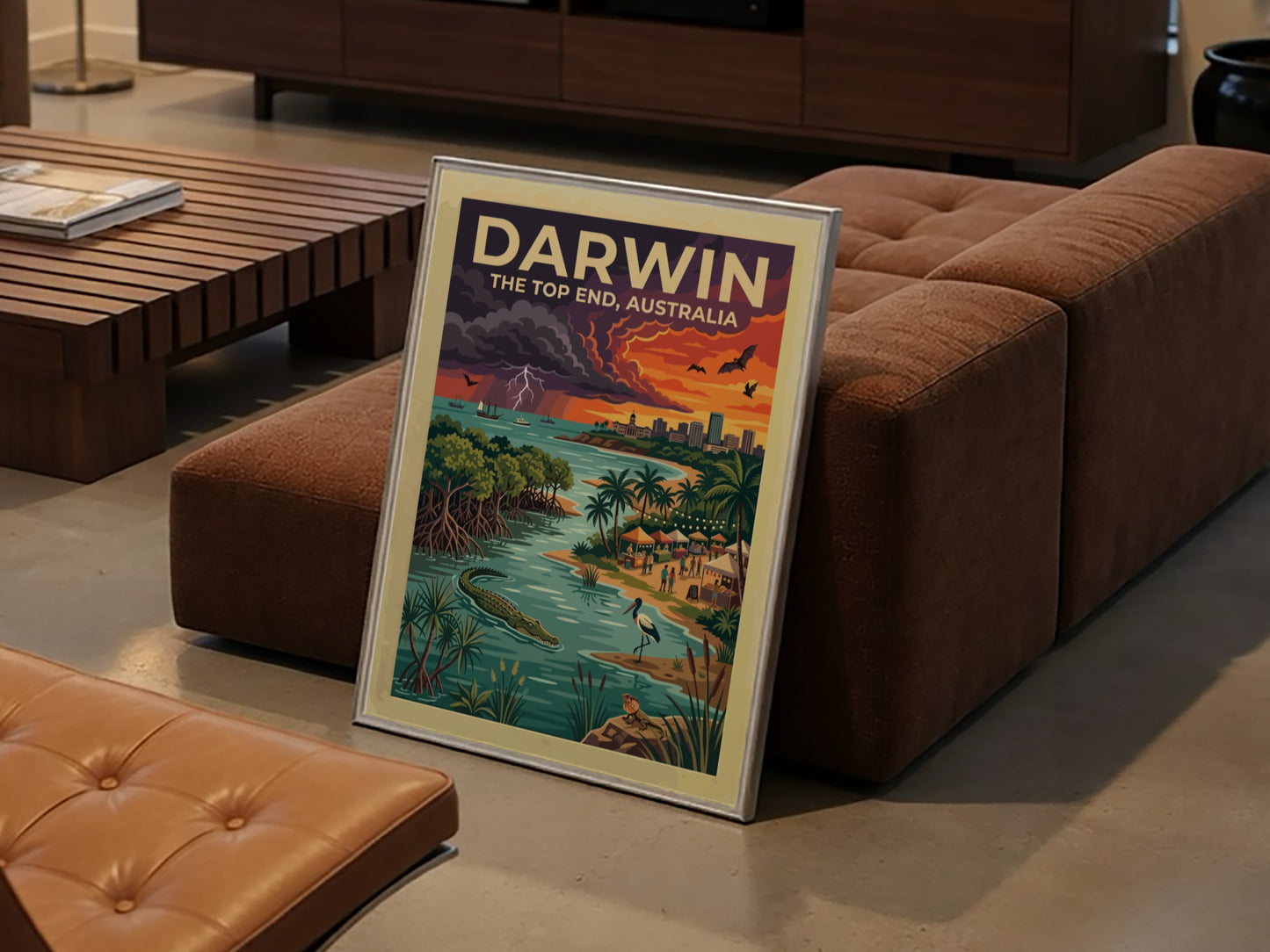 Travel poster of Darwin Australia featuring a sunset sky, crocodile, and city skyline.