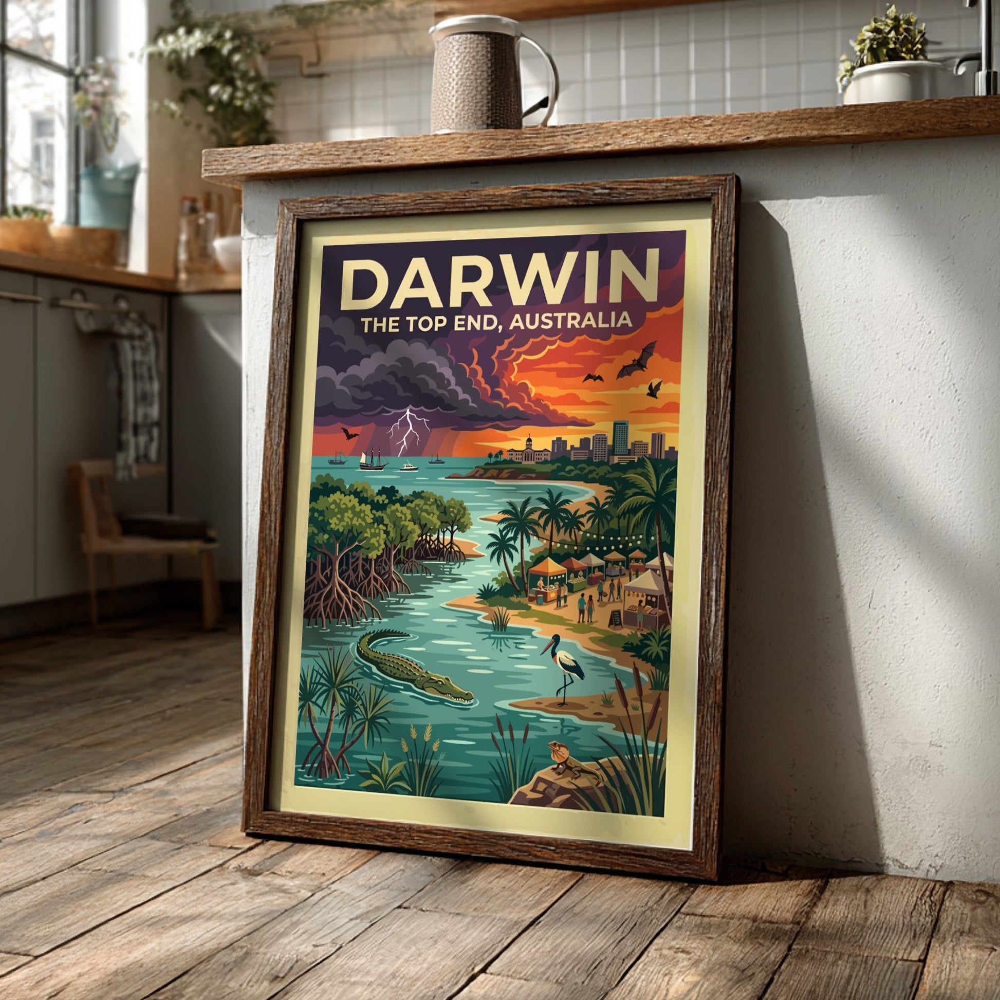Travel poster of Darwin Australia featuring a sunset sky, crocodile, and city skyline.