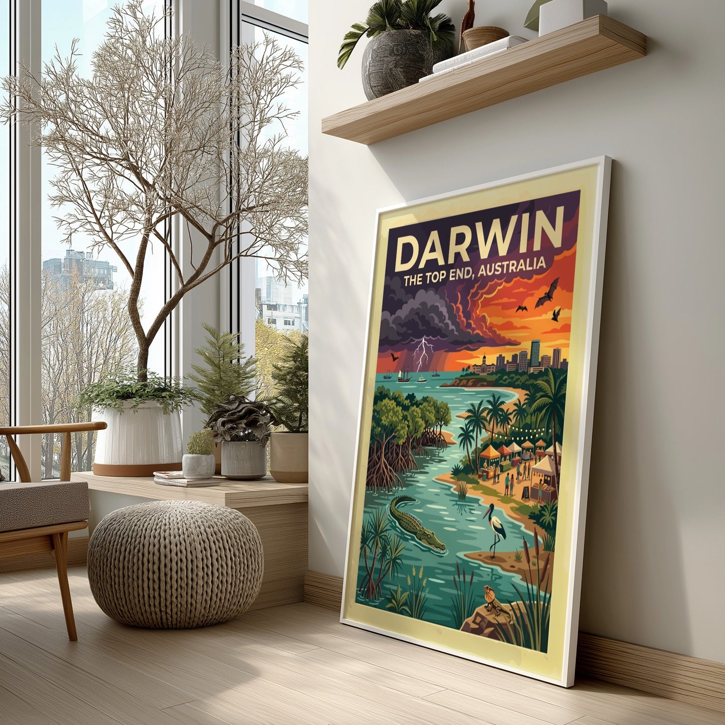 Travel poster of Darwin Australia featuring a sunset sky, crocodile, and city skyline.