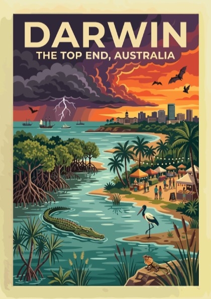 Travel poster of Darwin Australia featuring a sunset sky, crocodile, and city skyline.
