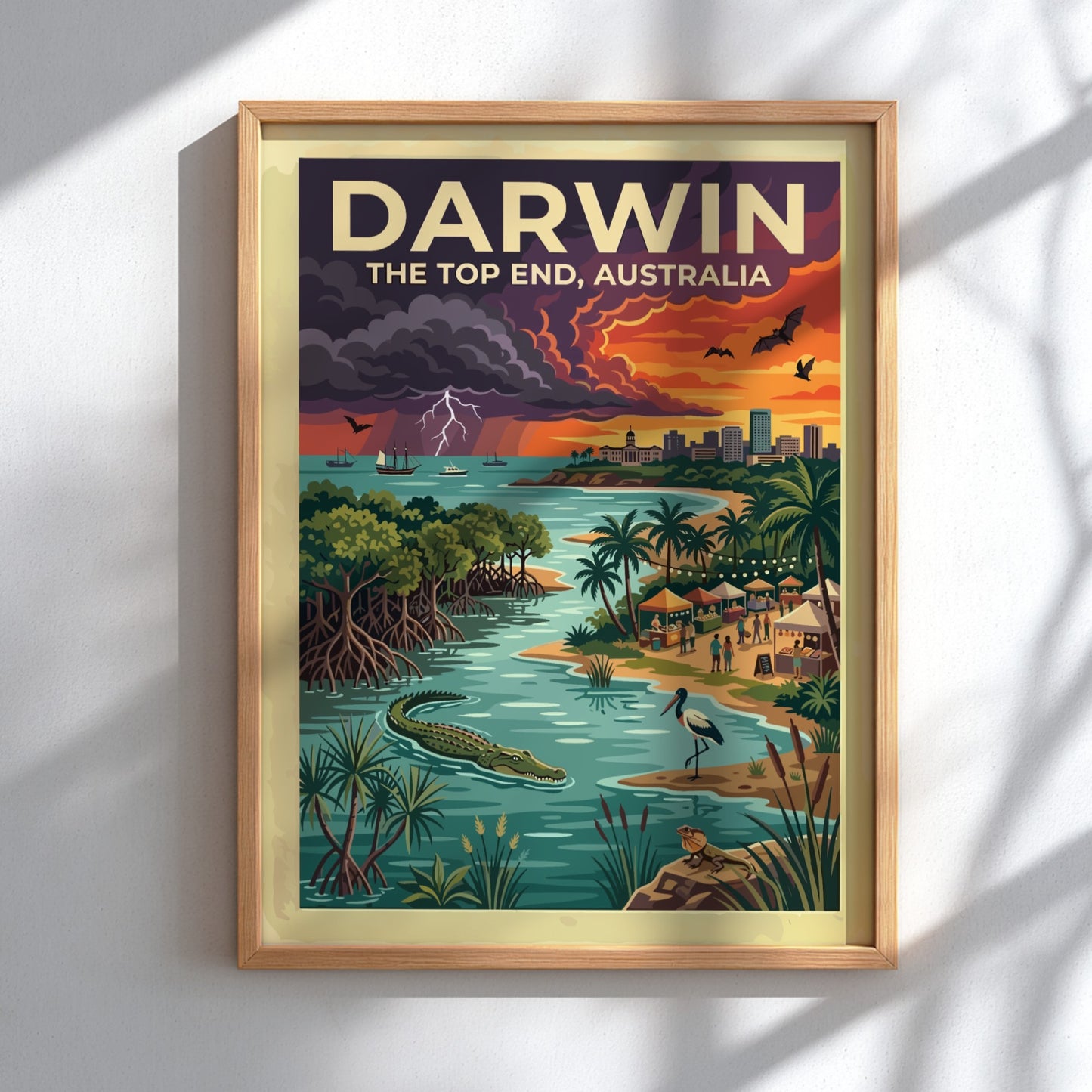Travel poster of Darwin Australia featuring a sunset sky, crocodile, and city skyline.