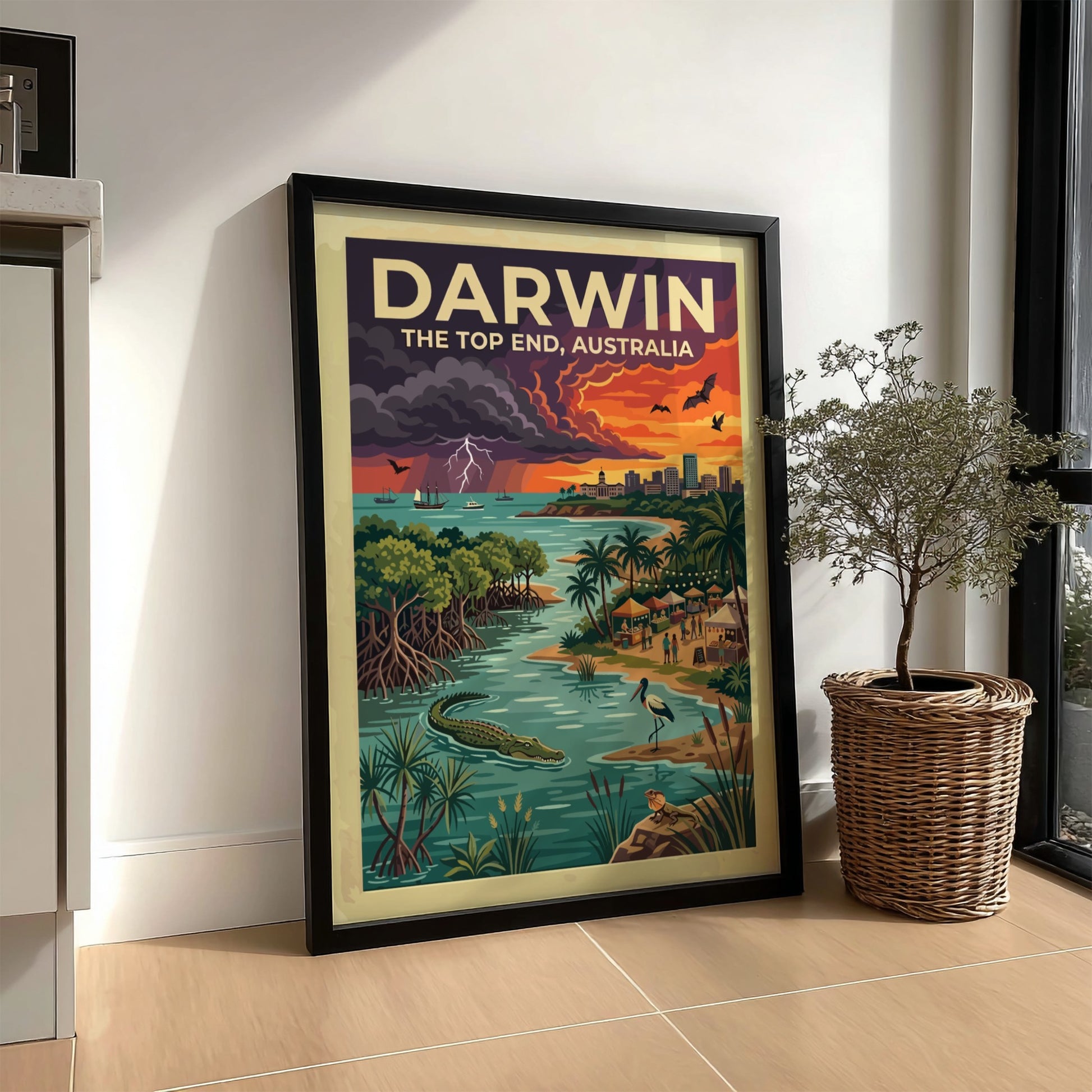 Travel poster of Darwin Australia featuring a sunset sky, crocodile, and city skyline.