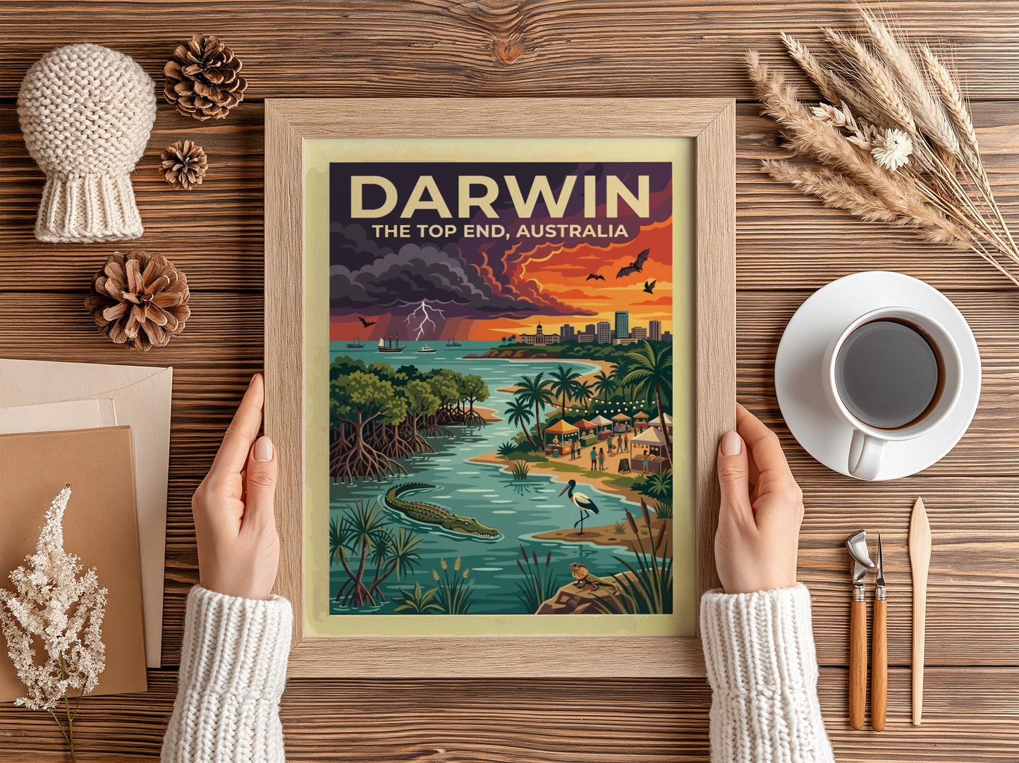 Travel poster of Darwin Australia featuring a sunset sky, crocodile, and city skyline.