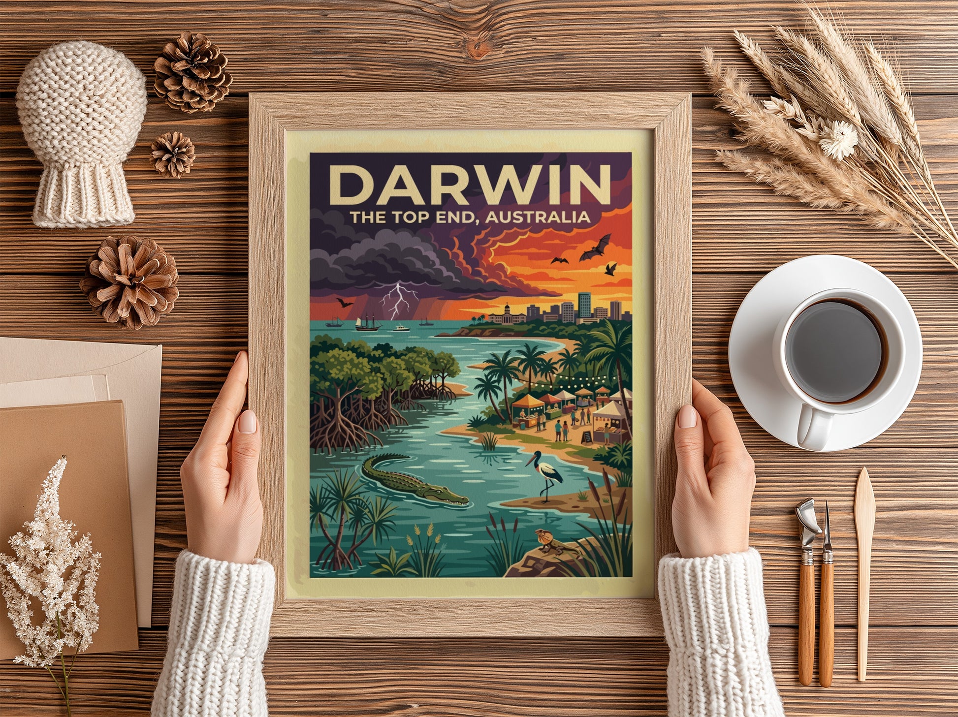 Travel poster of Darwin Australia featuring a sunset sky, crocodile, and city skyline.