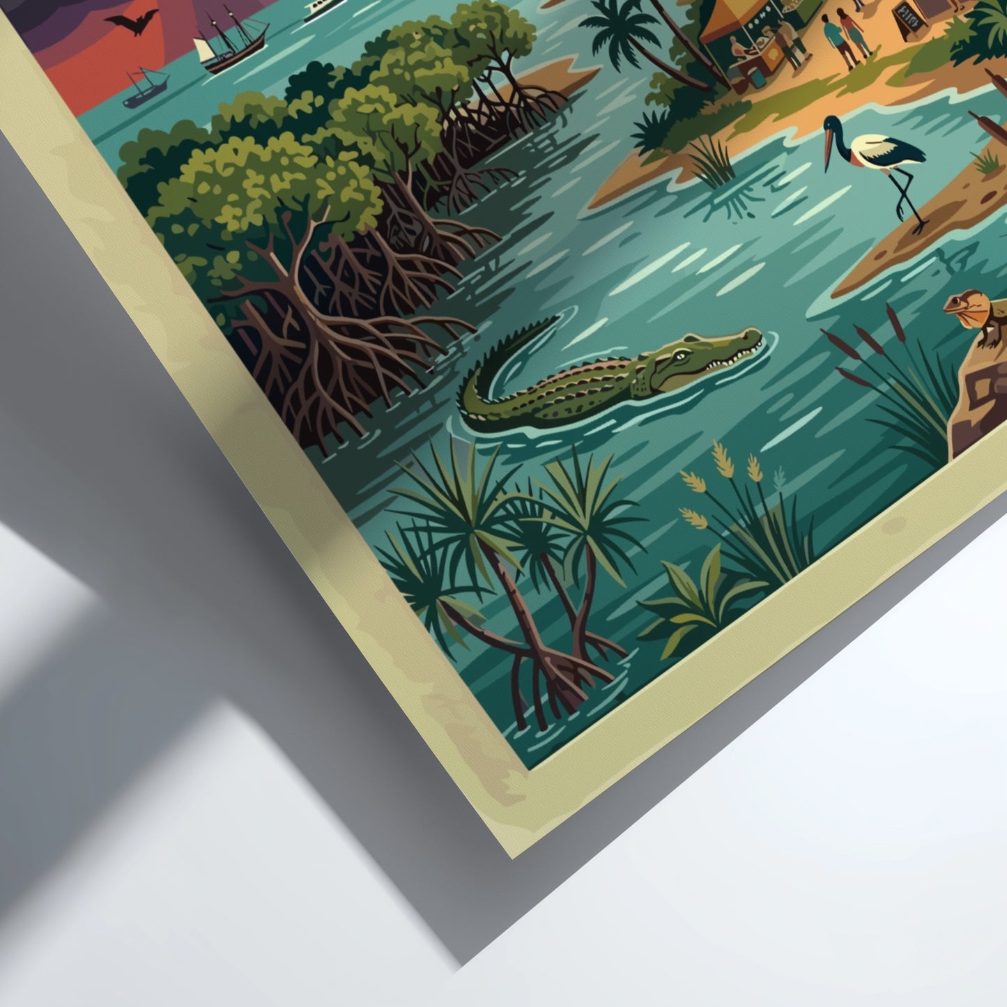 Travel poster of Darwin Australia featuring a sunset sky, crocodile, and city skyline.