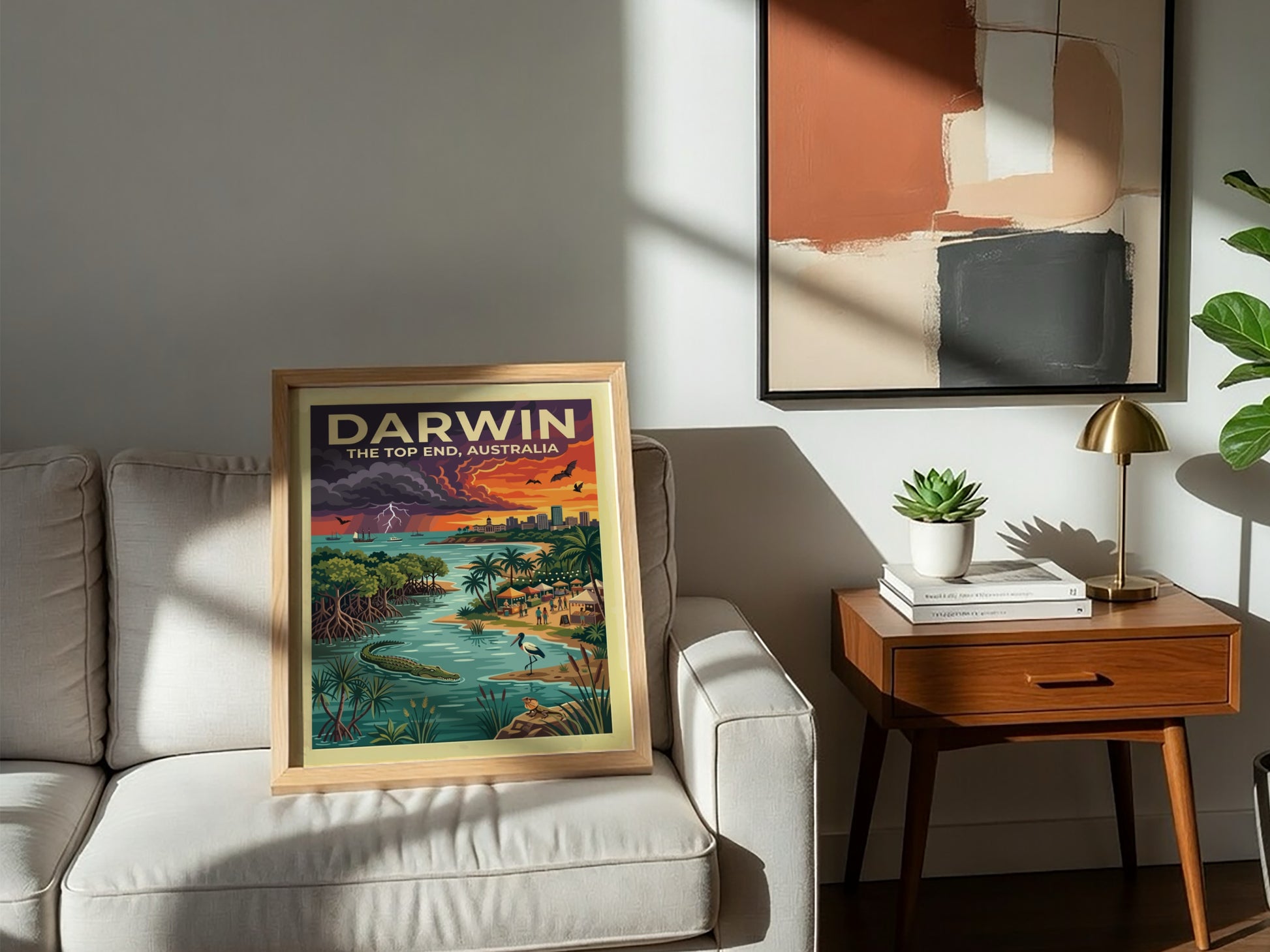 Travel poster of Darwin Australia featuring a sunset sky, crocodile, and city skyline.