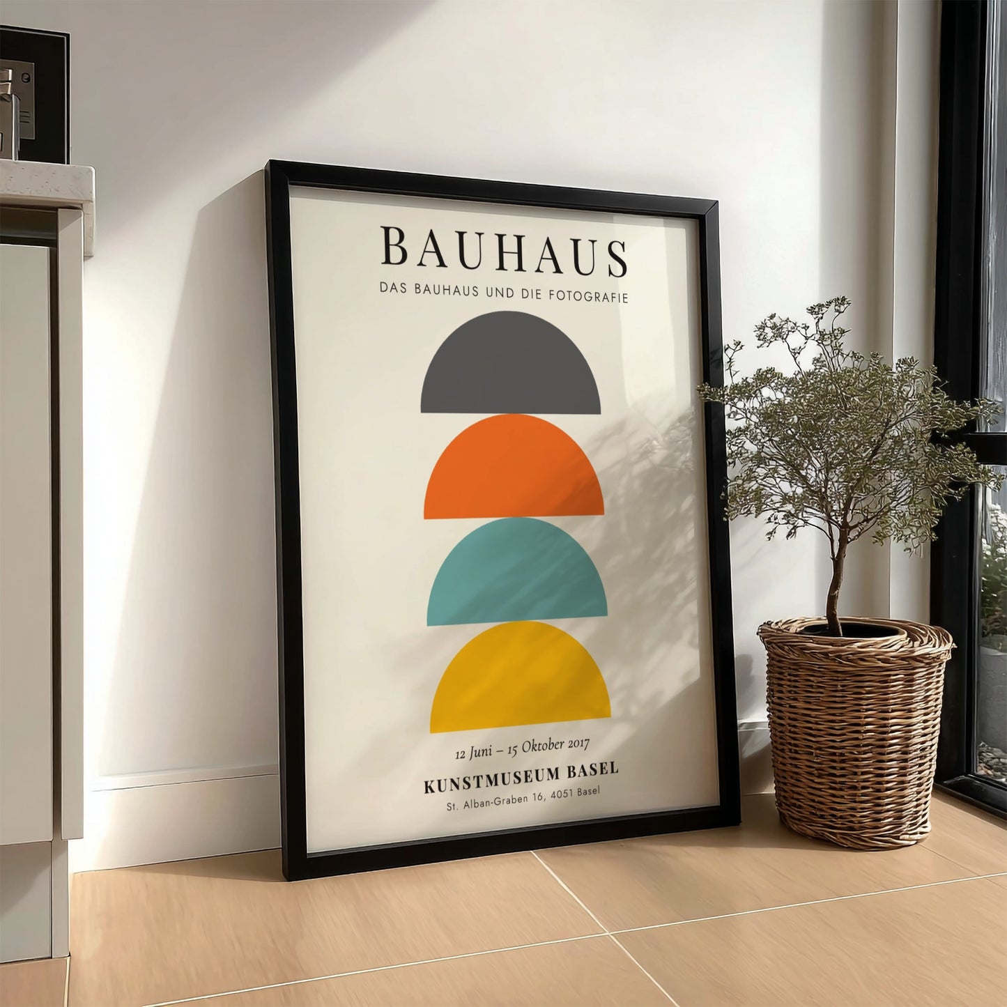 Bauhaus poster featuring geometric shapes in vibrant colors, modern design style