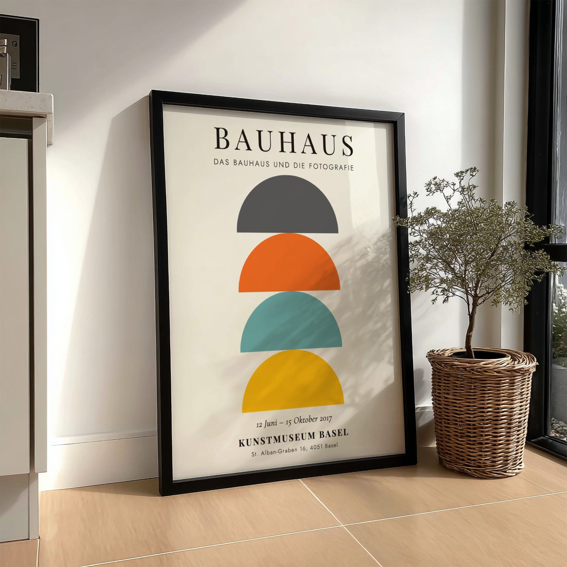 Bauhaus poster featuring geometric shapes in vibrant colors, modern design style