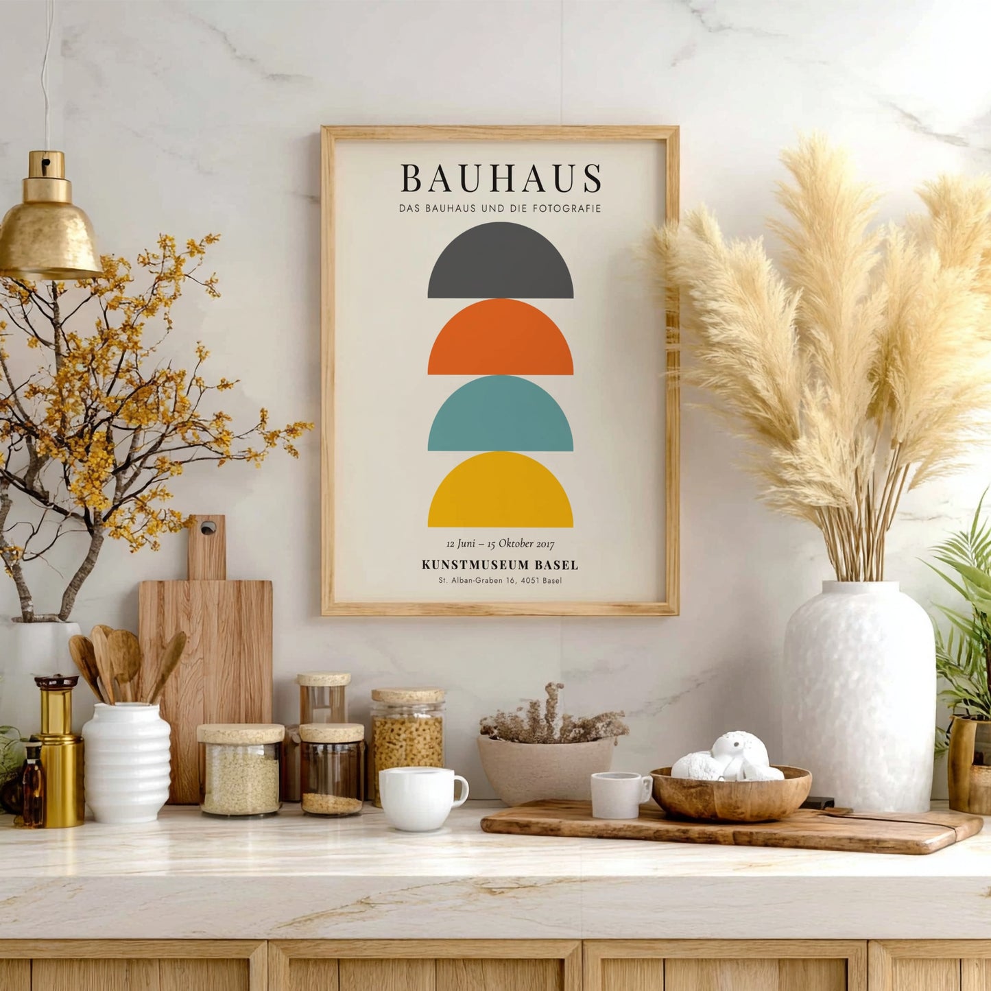 Bauhaus poster featuring geometric shapes in vibrant colors, modern design style