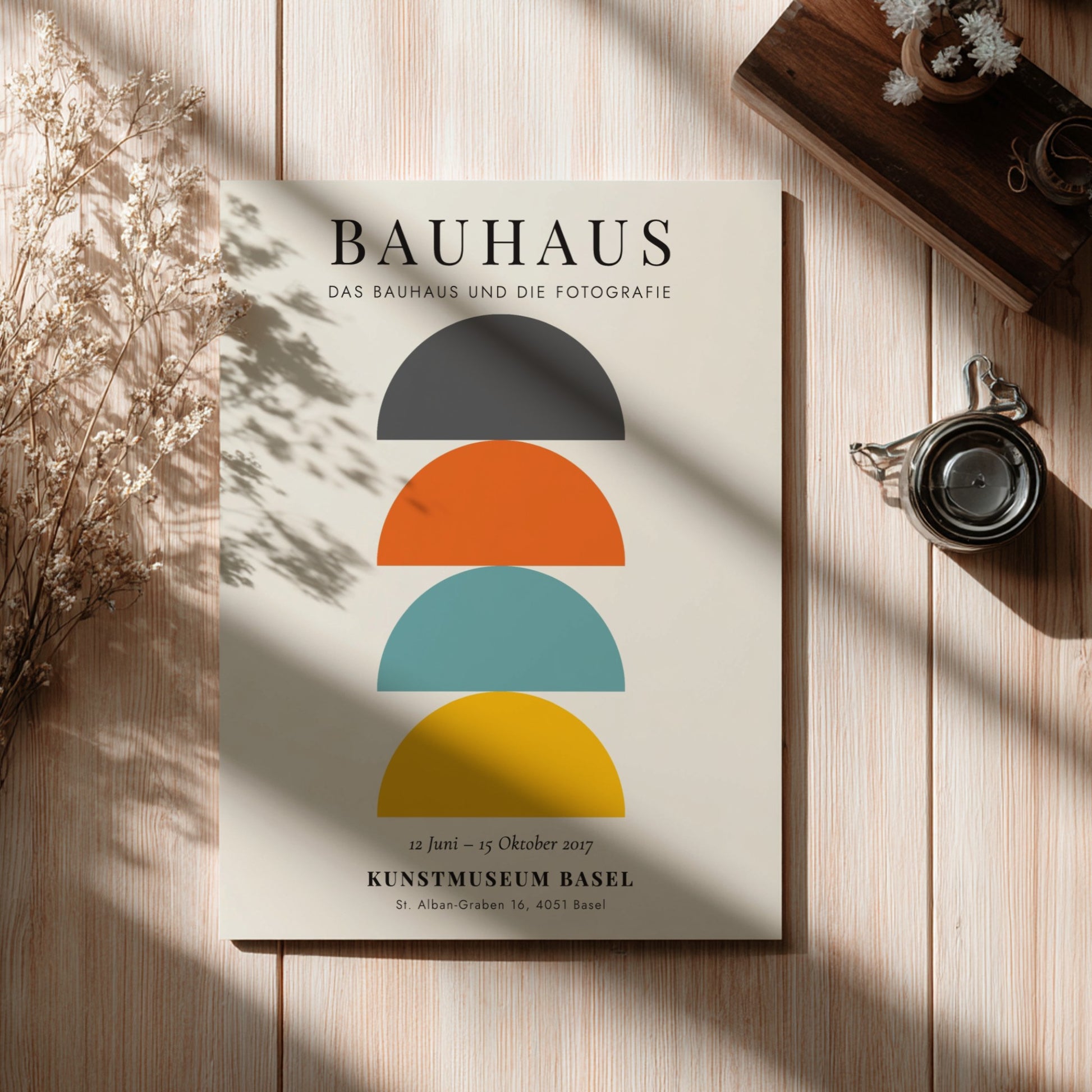 Bauhaus poster featuring geometric shapes in vibrant colors, modern design style