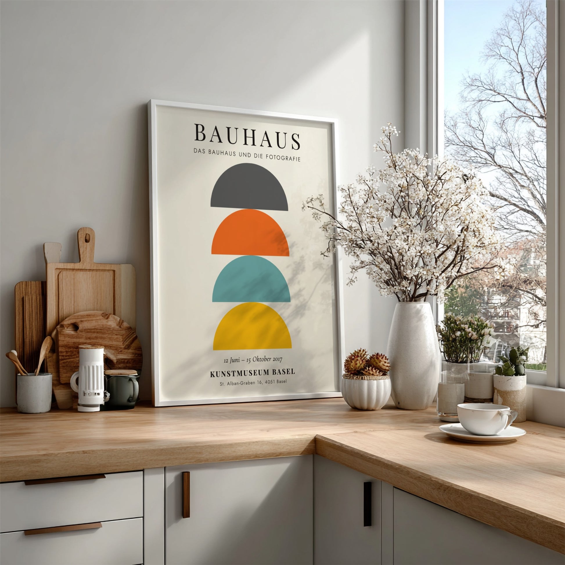 Bauhaus poster featuring geometric shapes in vibrant colors, modern design style