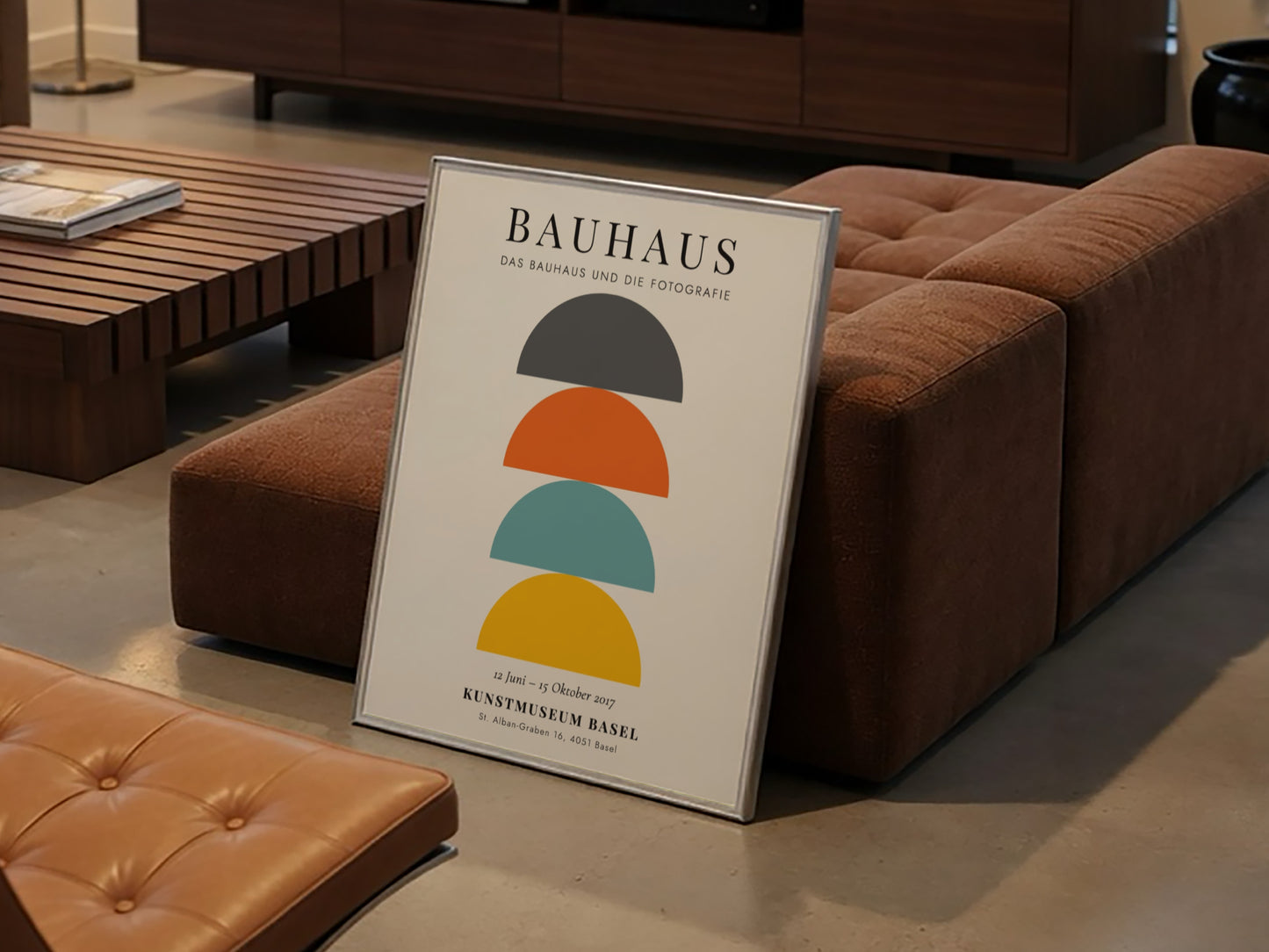Bauhaus poster featuring geometric shapes in vibrant colors, modern design style
