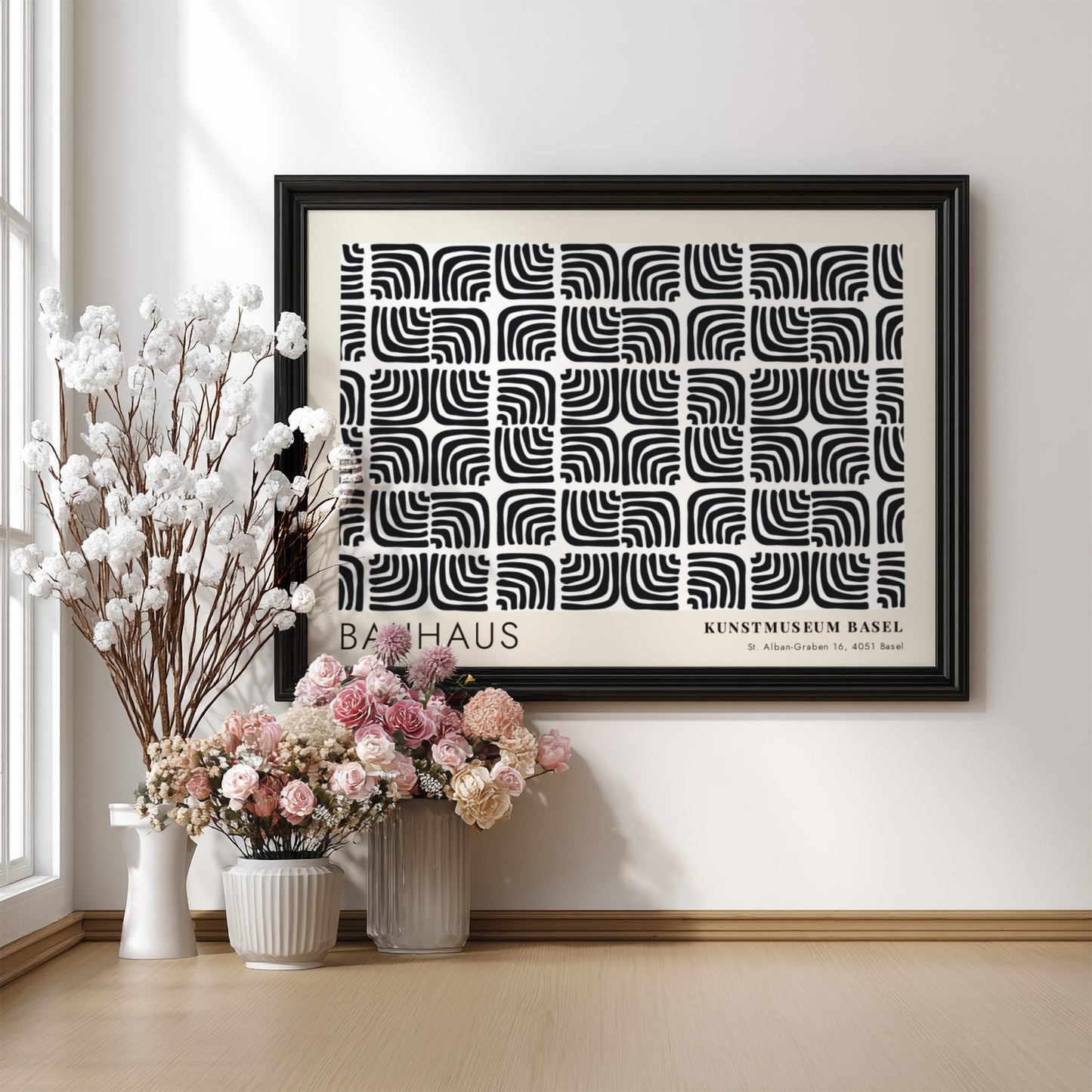 Wall art poster featuring a black and cream Bauhaus pattern from Kunstmuseum Basel