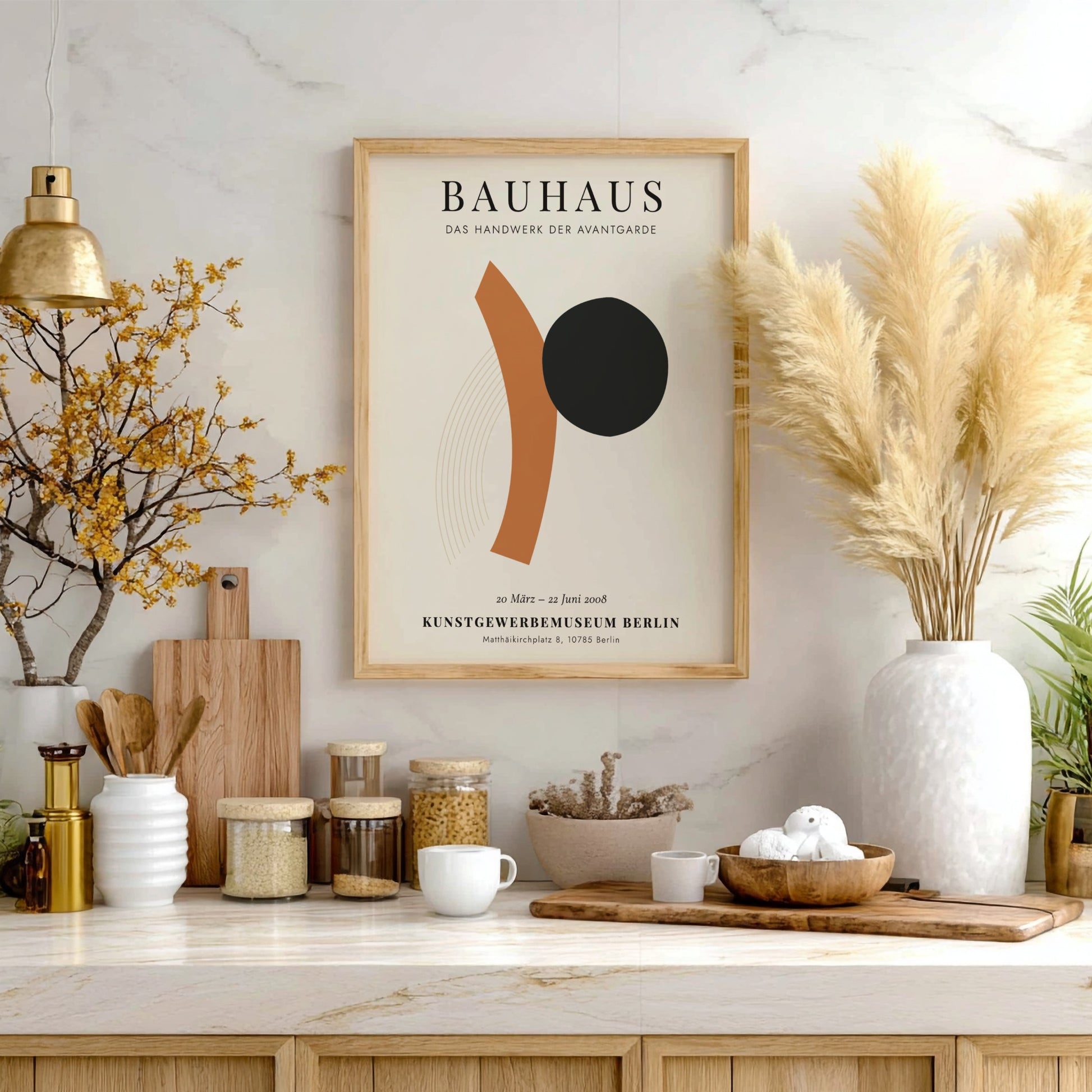 Bauhaus poster featuring geometric shapes and bold colors, representing avant-garde design.