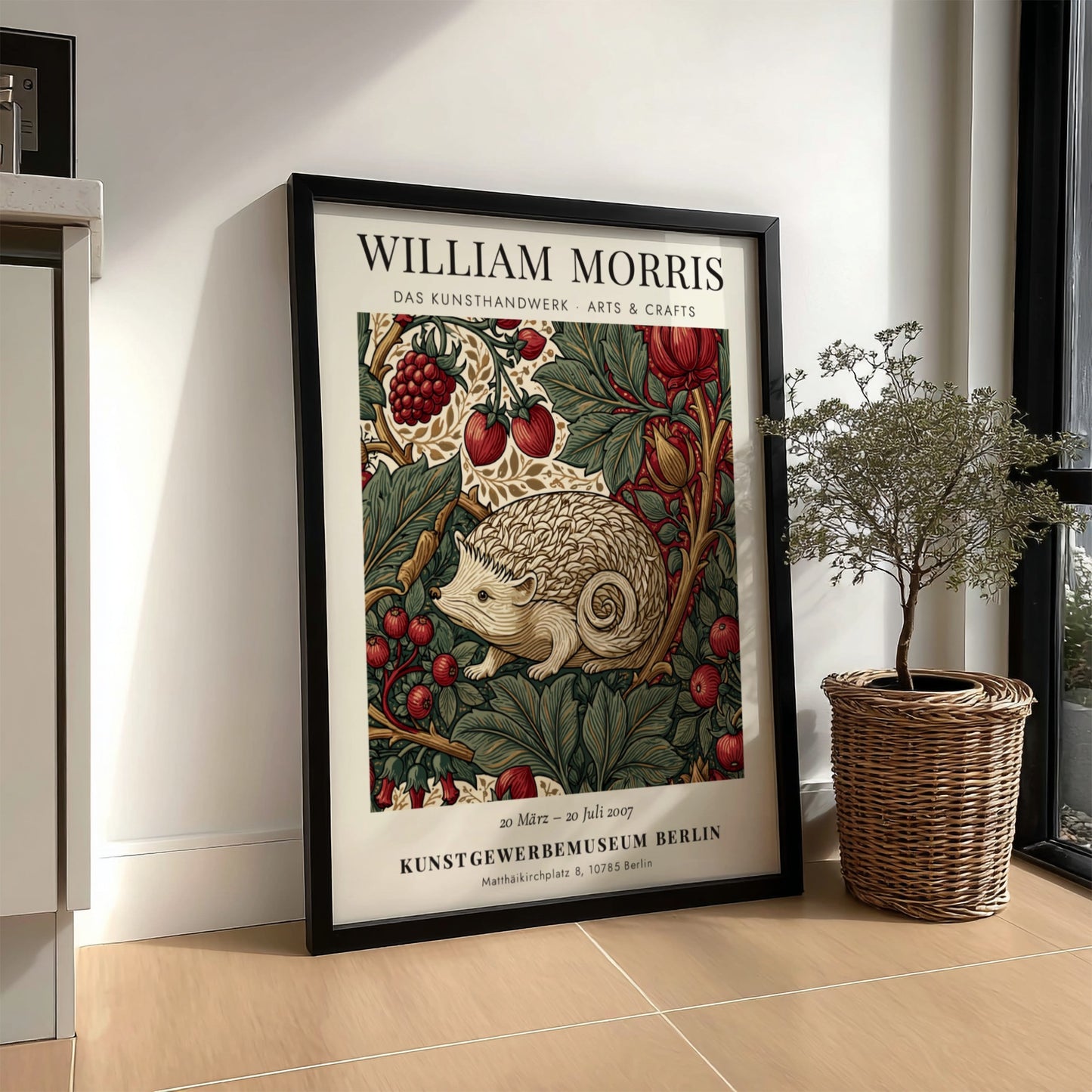 William Morris poster featuring hedgehog and berries in earthy tones
