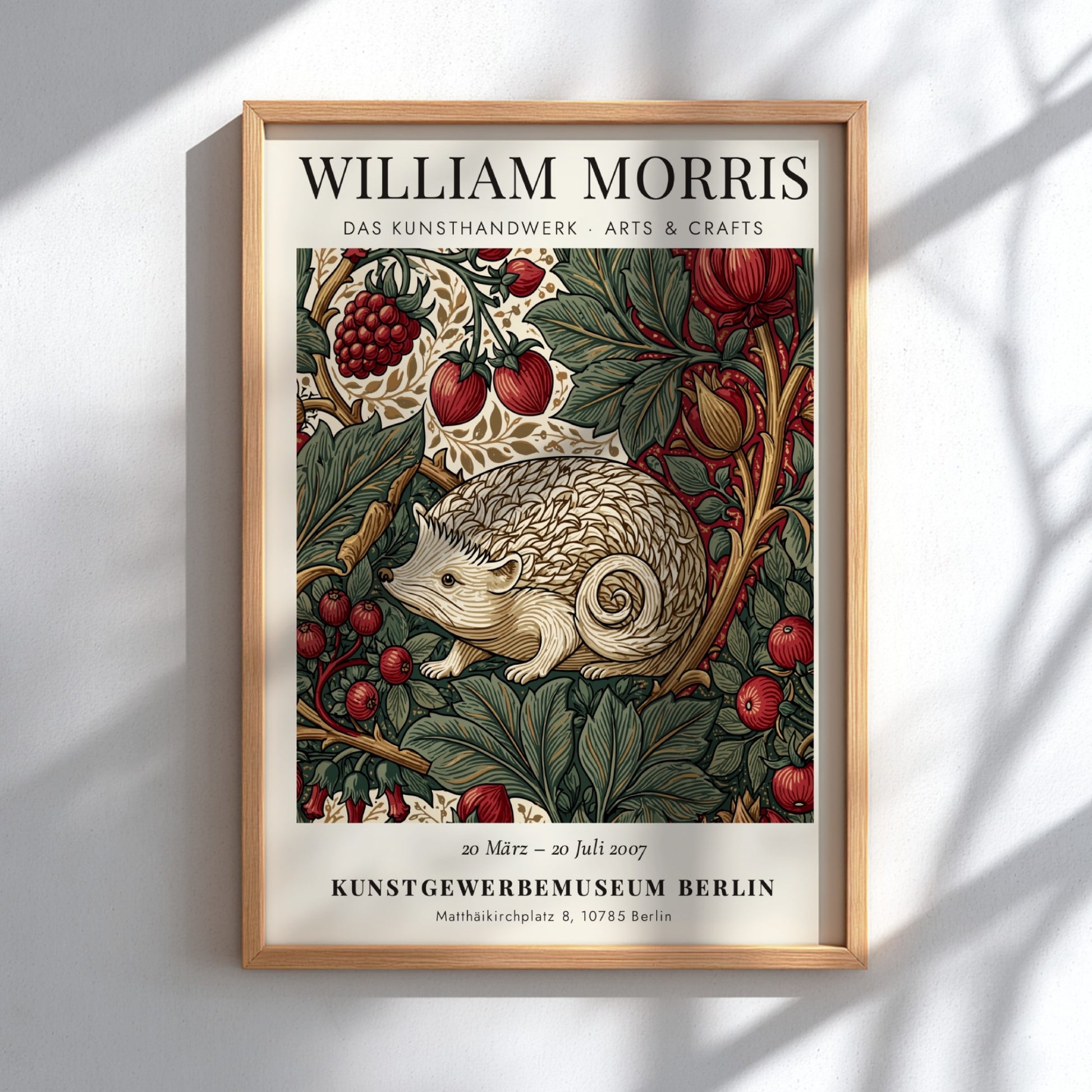 William Morris poster featuring hedgehog and berries in earthy tones