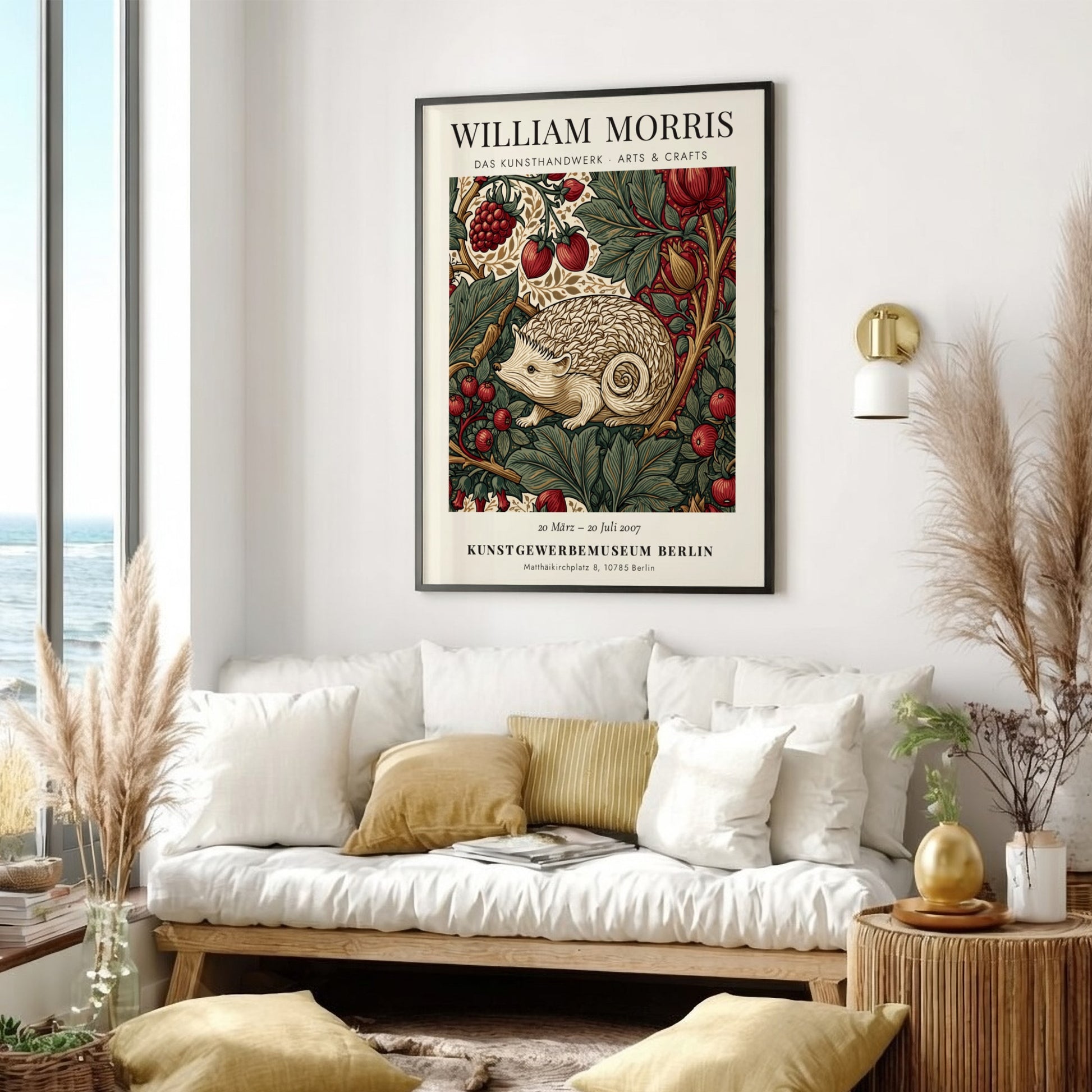 William Morris poster featuring hedgehog and berries in earthy tones