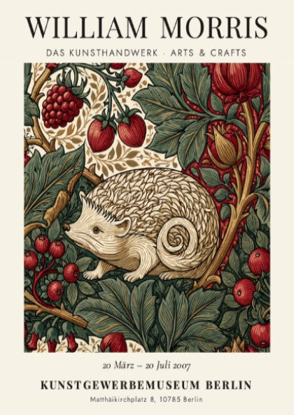 William Morris poster featuring hedgehog and berries in earthy tones