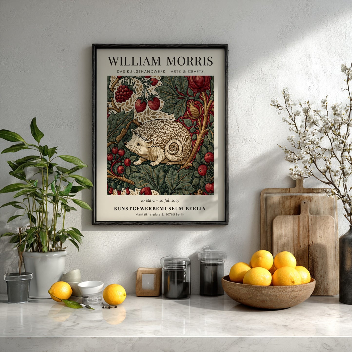William Morris poster featuring hedgehog and berries in earthy tones
