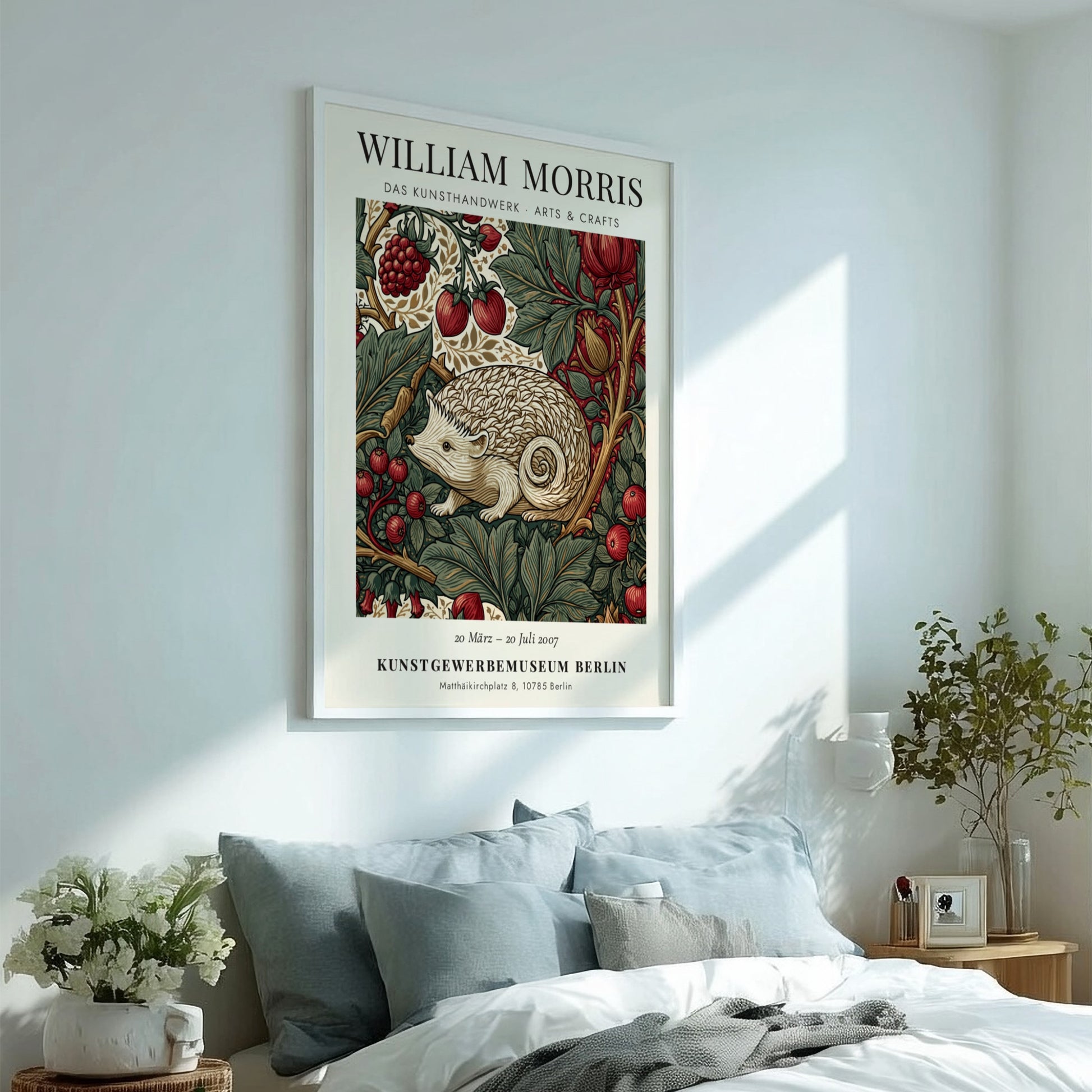 William Morris poster featuring hedgehog and berries in earthy tones
