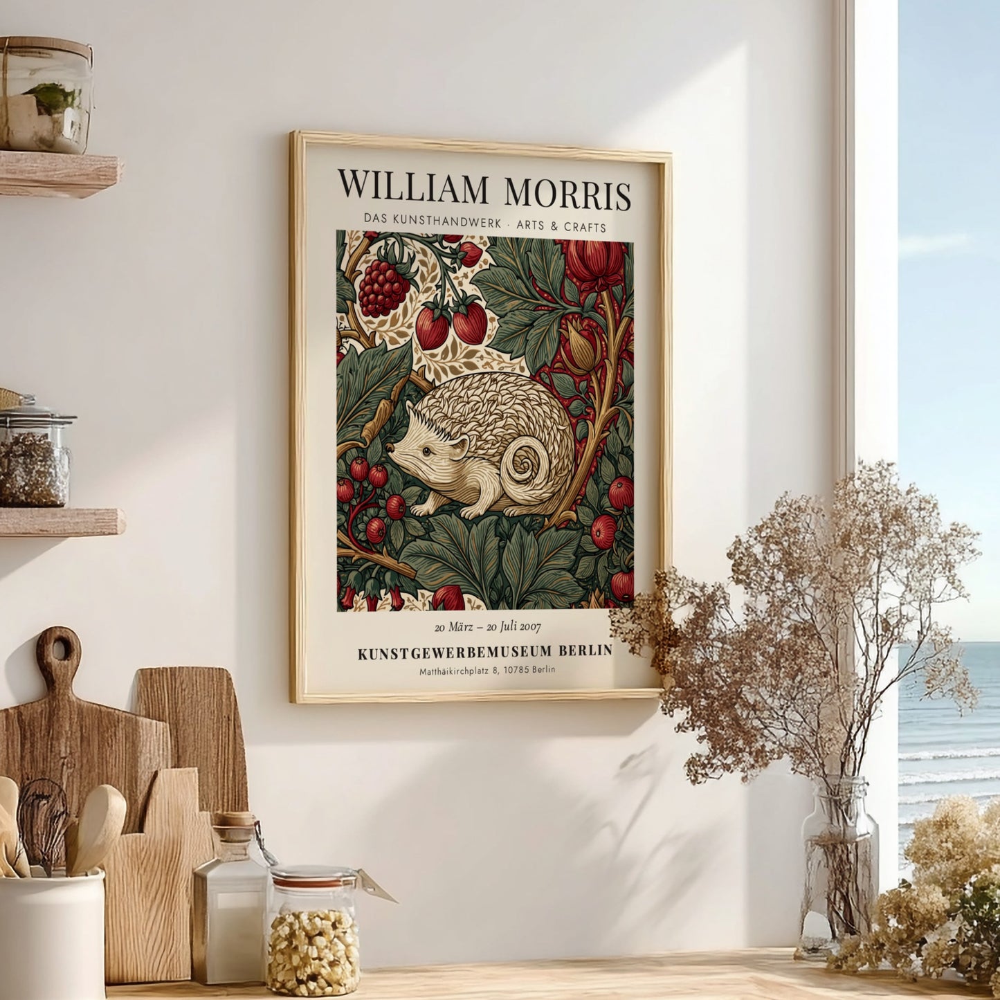 William Morris poster featuring hedgehog and berries in earthy tones