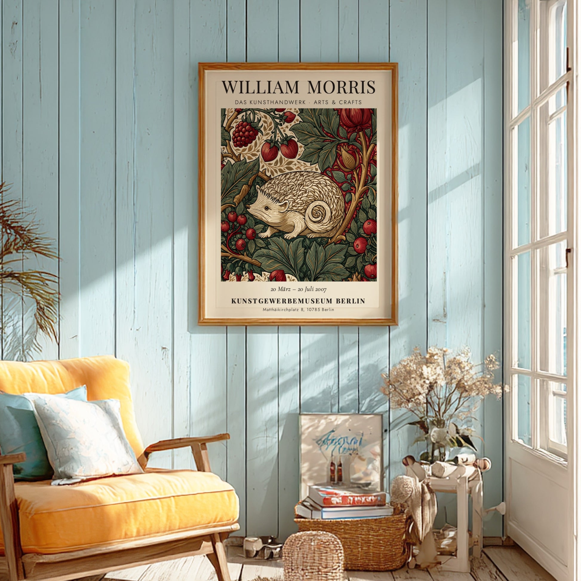 William Morris poster featuring hedgehog and berries in earthy tones