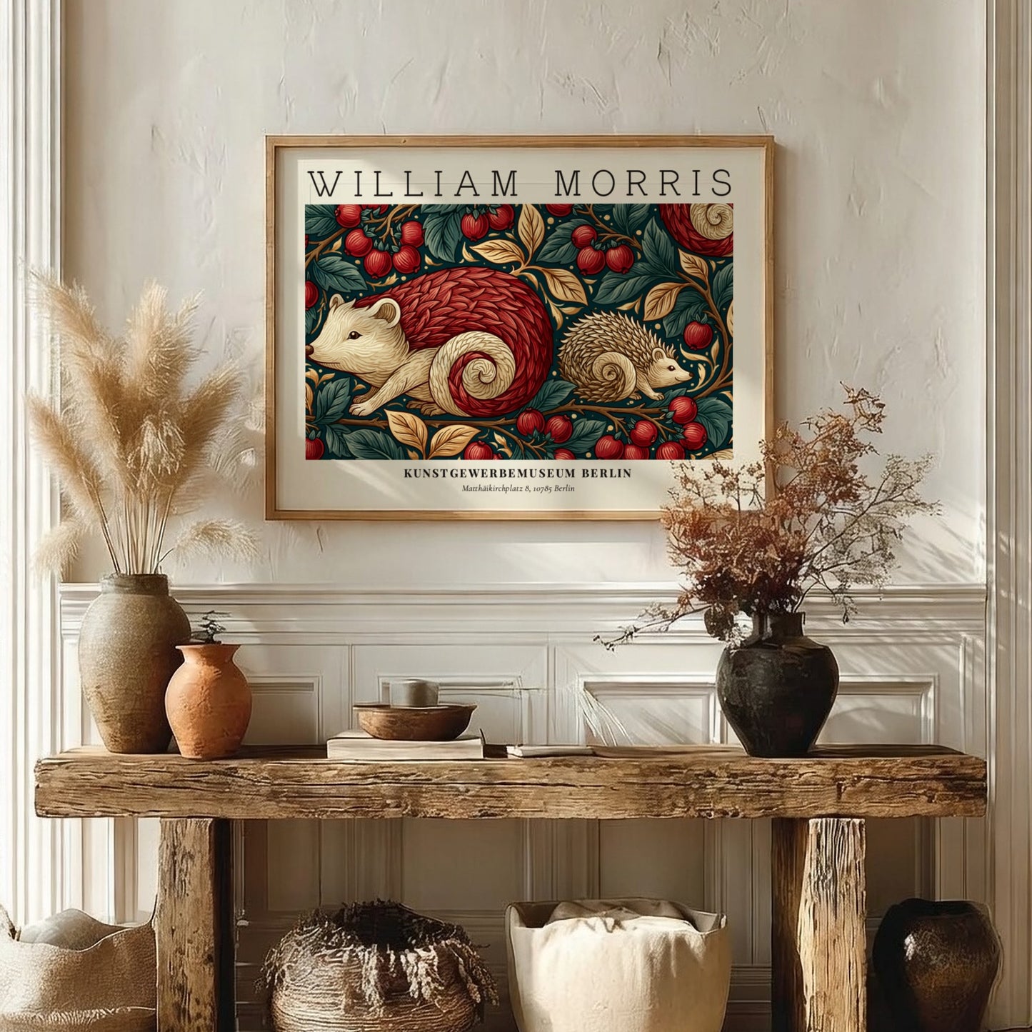 Wall art print featuring hedgehogs and cherry blossoms in warm tones by William Morris