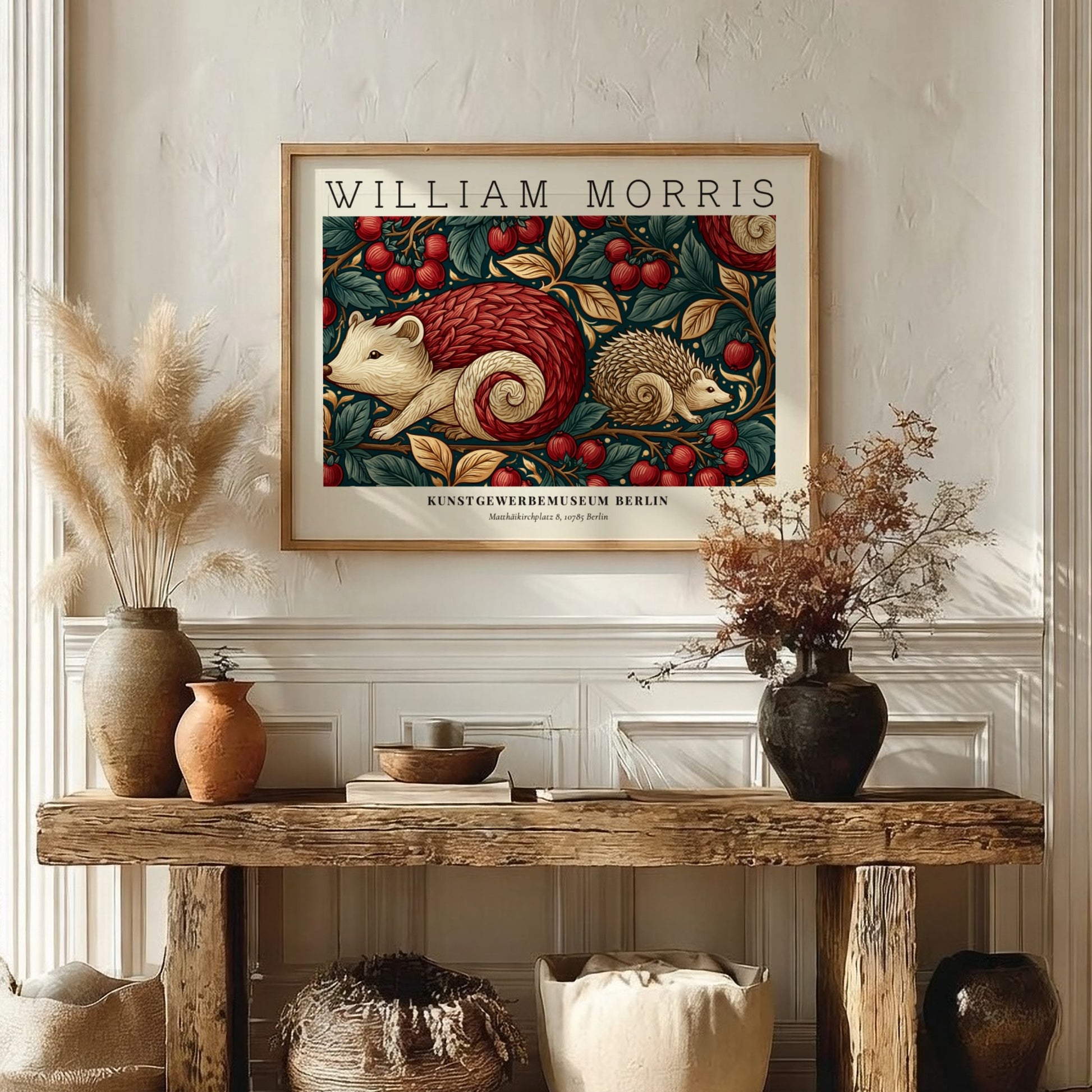Wall art print featuring hedgehogs and cherry blossoms in warm tones by William Morris