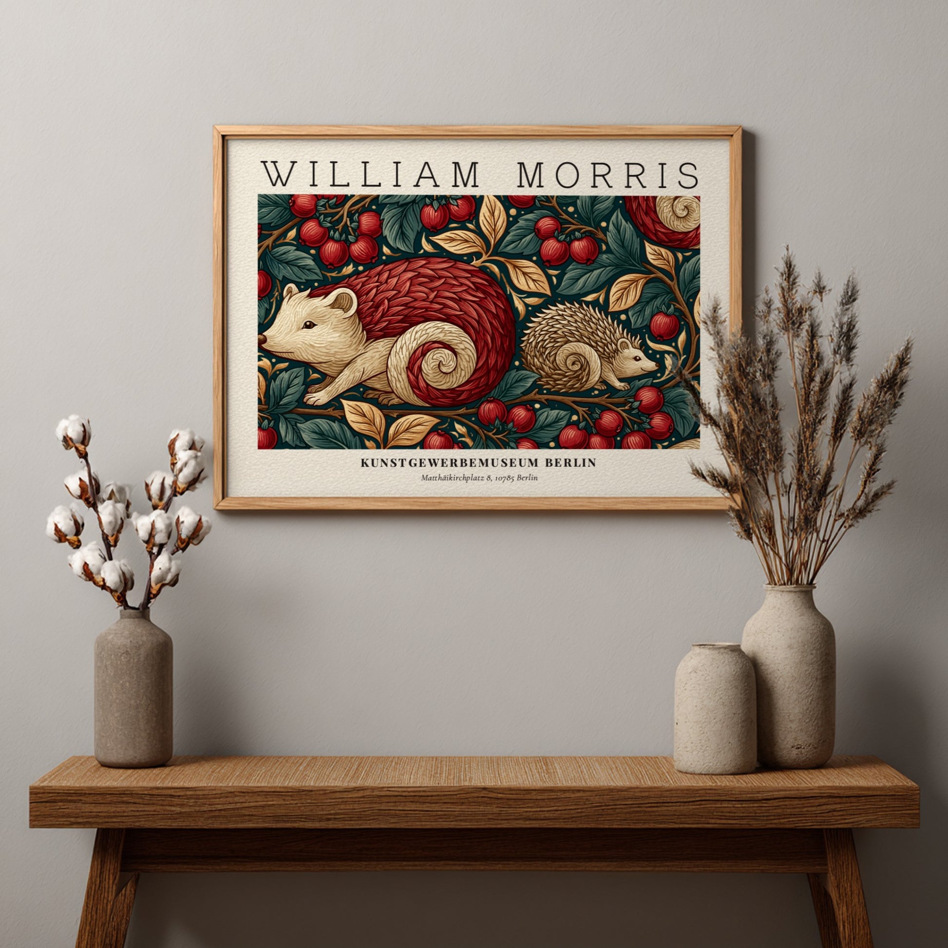 Wall art print featuring hedgehogs and cherry blossoms in warm tones by William Morris