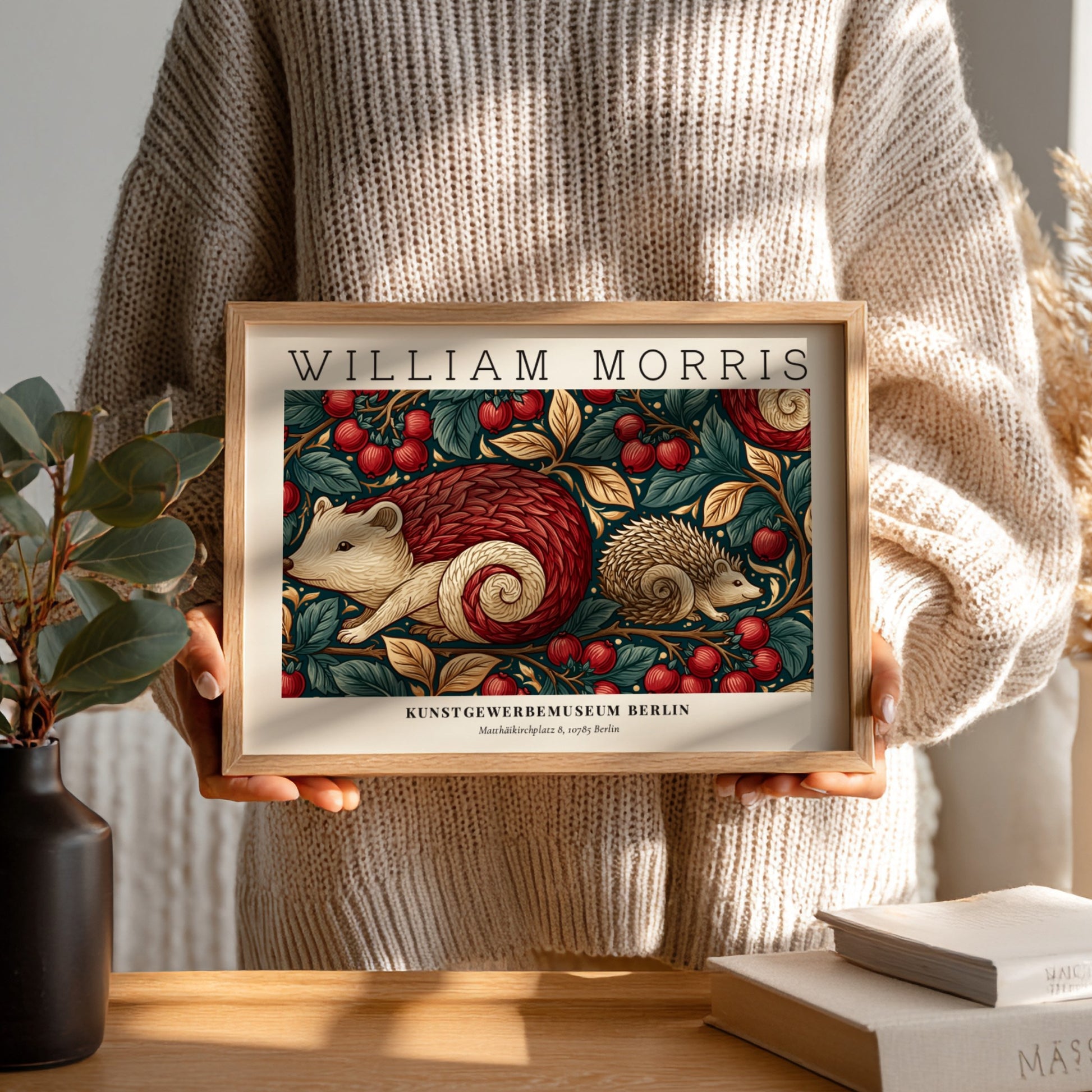 Wall art print featuring hedgehogs and cherry blossoms in warm tones by William Morris