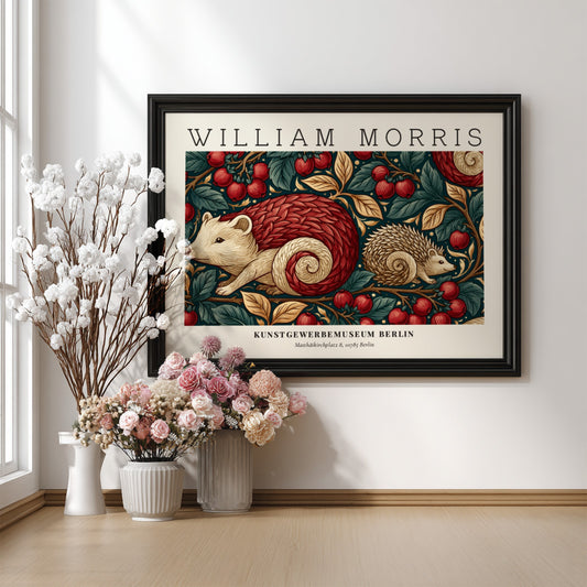 Wall art print featuring hedgehogs and cherry blossoms in warm tones by William Morris