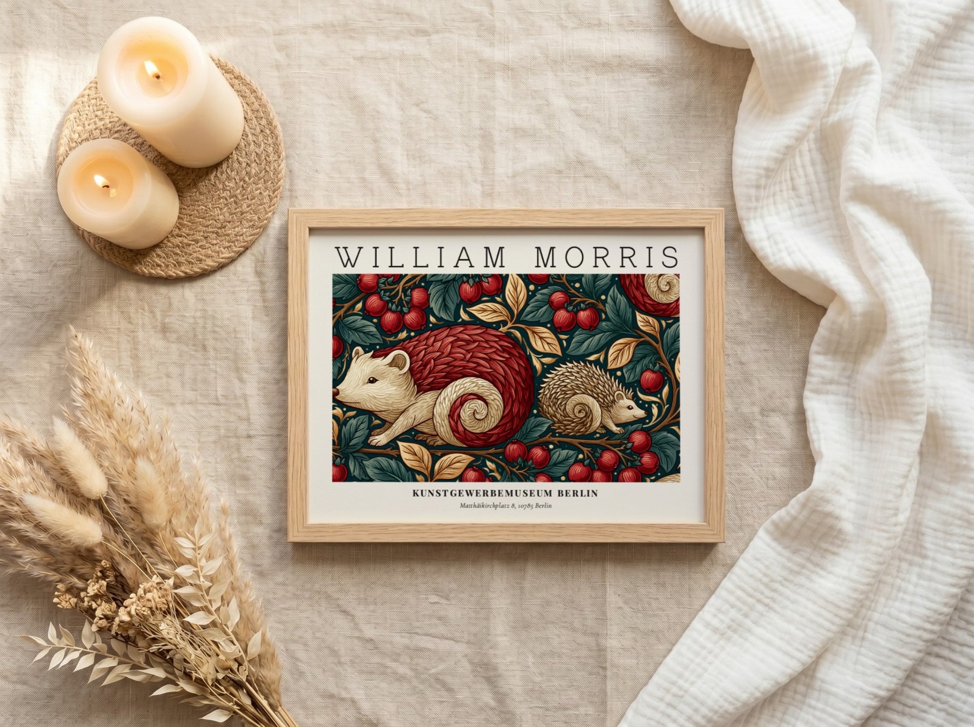 Wall art print featuring hedgehogs and cherry blossoms in warm tones by William Morris
