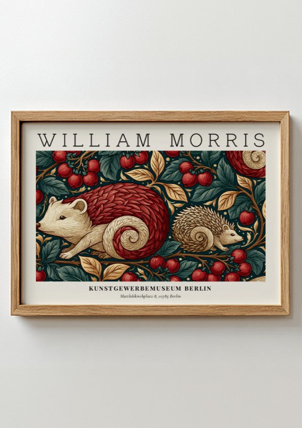 Wall art print featuring hedgehogs and cherry blossoms in warm tones by William Morris