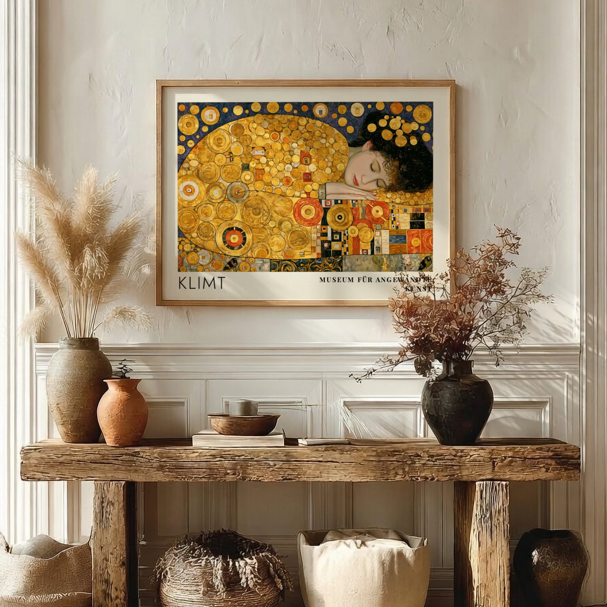 Wall art print of Klimt's Das Leben featuring golden spirals and intricate patterns