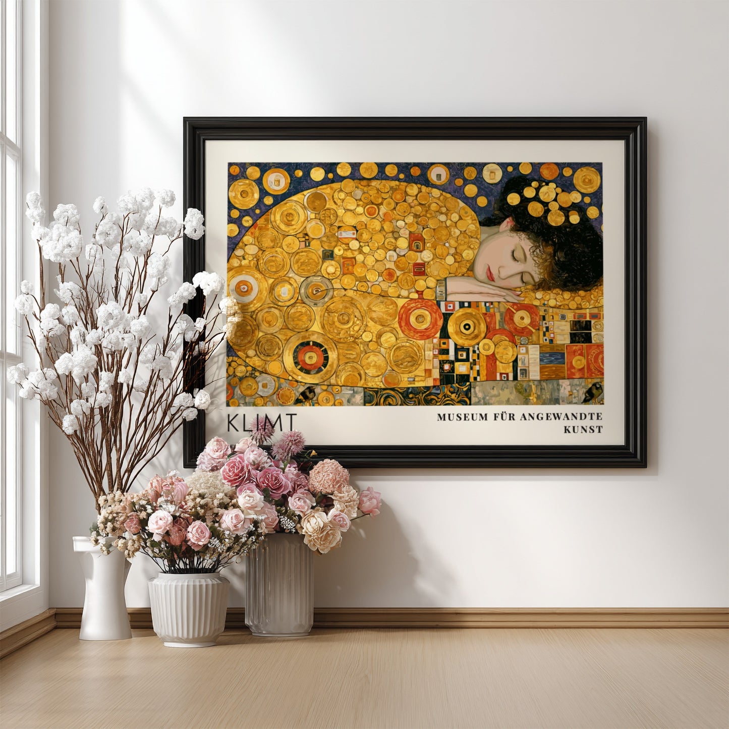 Wall art print of Klimt's Das Leben featuring golden spirals and intricate patterns