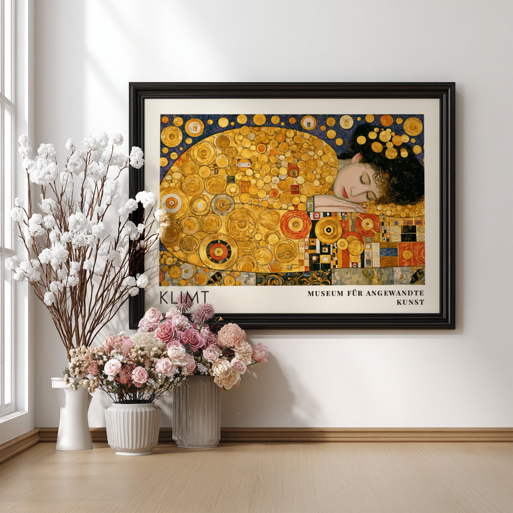 Wall art print of Klimt's Das Leben featuring golden spirals and intricate patterns